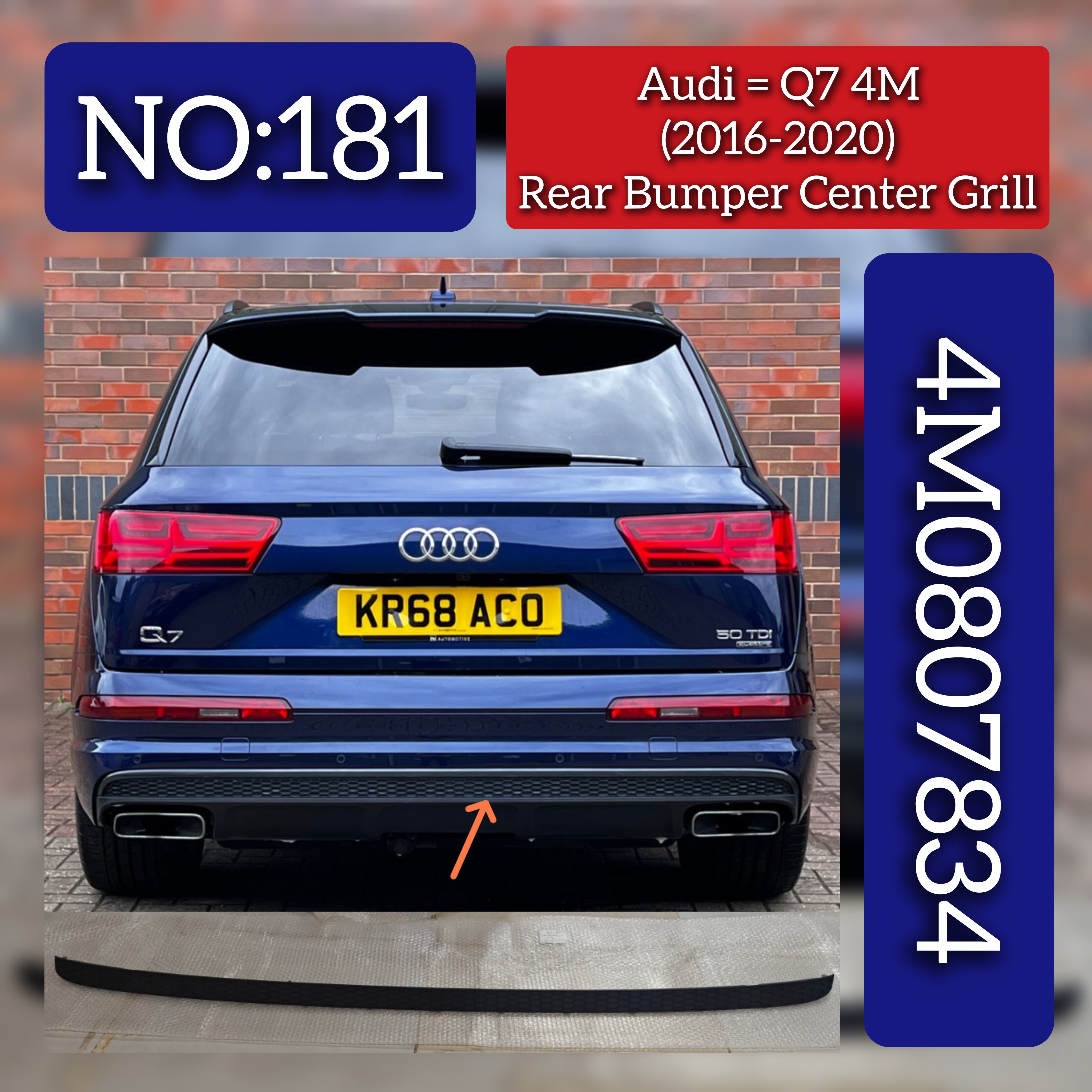 Rear Bumper Center Grill 4M0807834 Compatible With Audi Q7 4M (2016-2020) Tag No.181