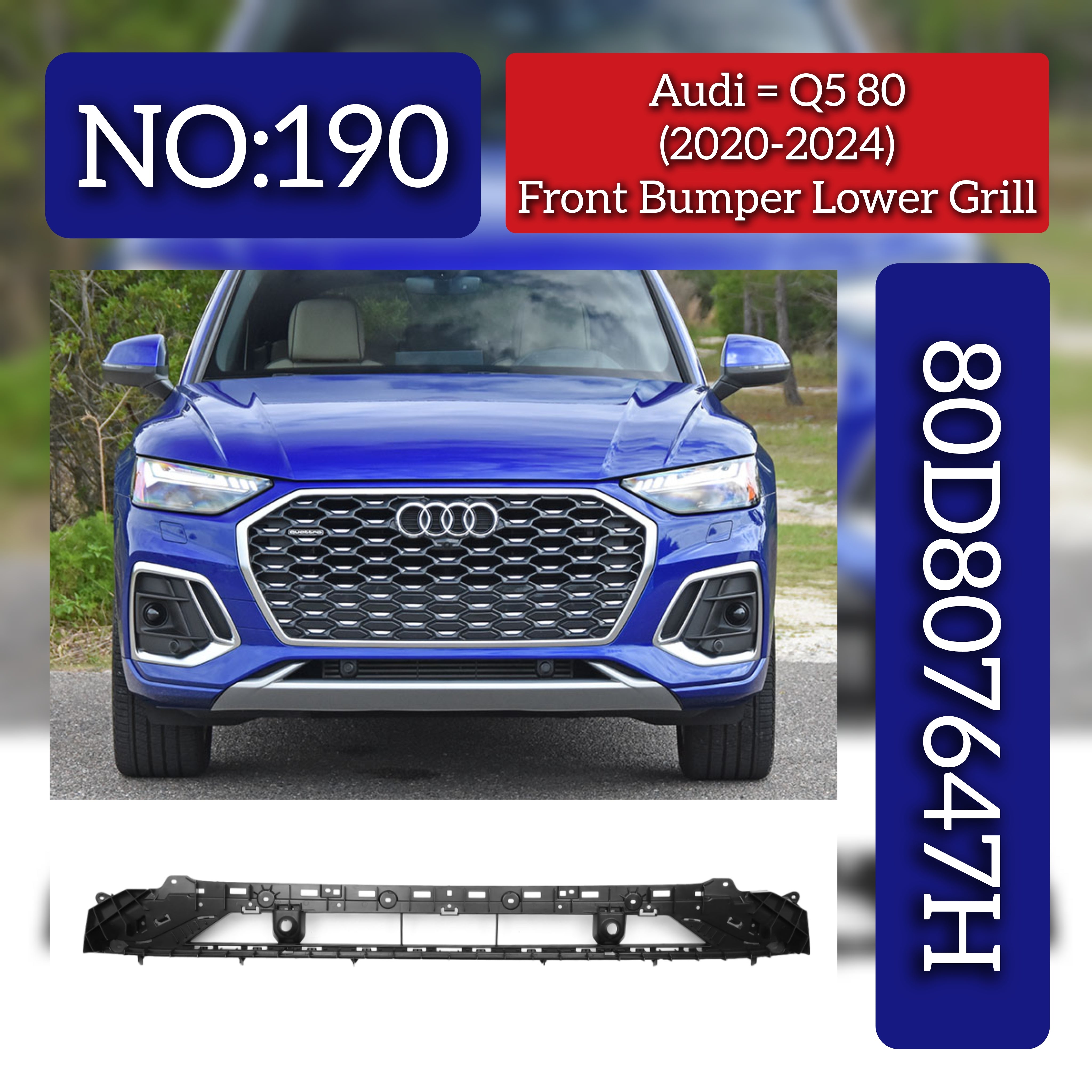 Front Bumper Lower Grill 80D807647H Compatible With Audi Q5 80 (2020-2024) Tag No.190