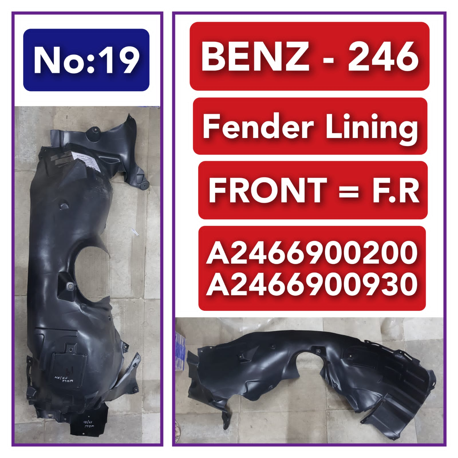 Front Right Fender Liner A2466900200 A2466900930 Compatible With MERCEDES-BENZ A-CLASS W176 & B-CLASS W246 W242 & CLA Coupe C117 Tag-FEM-19