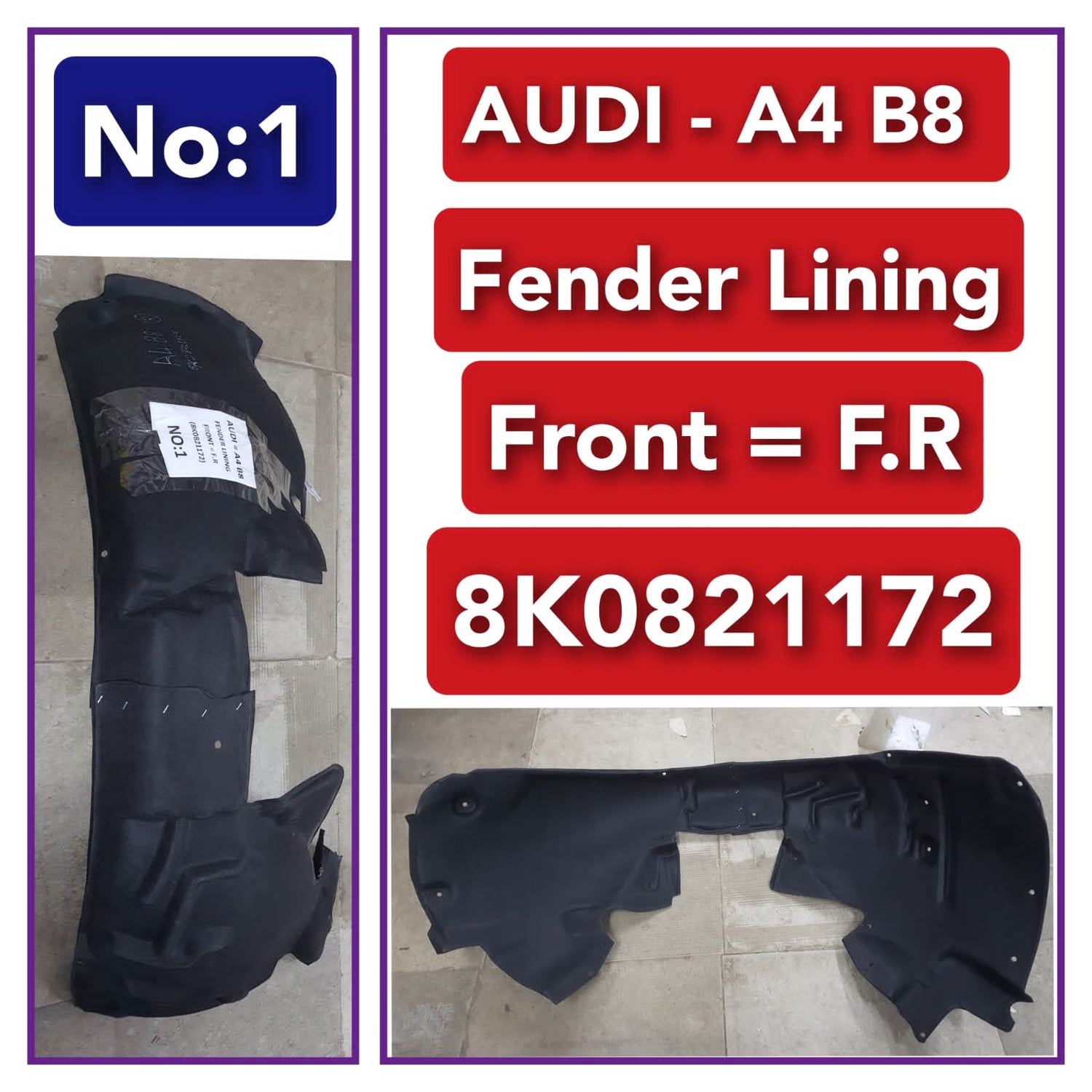 Front Right Fender Liner 8K0821172 8K0821172C 8K0821172E 8K0821172G 8K0821172Q Compatible With AUDI  A4 B8 Tag-FEA-01