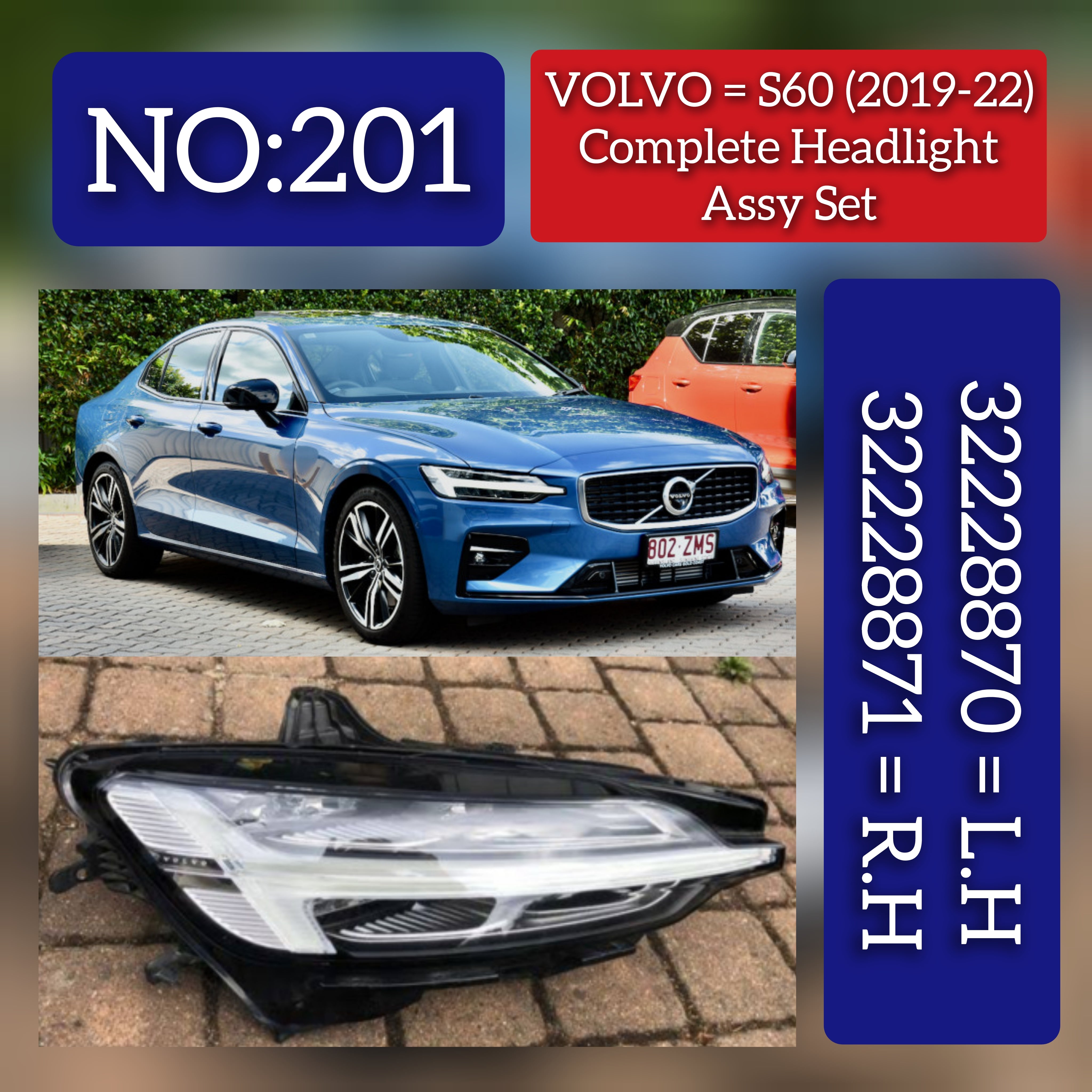 Headlight Headlamp Left 32228870 & Right 32228871 (Without Blaster) Compatible With VOLVO S60 (2019-2021)