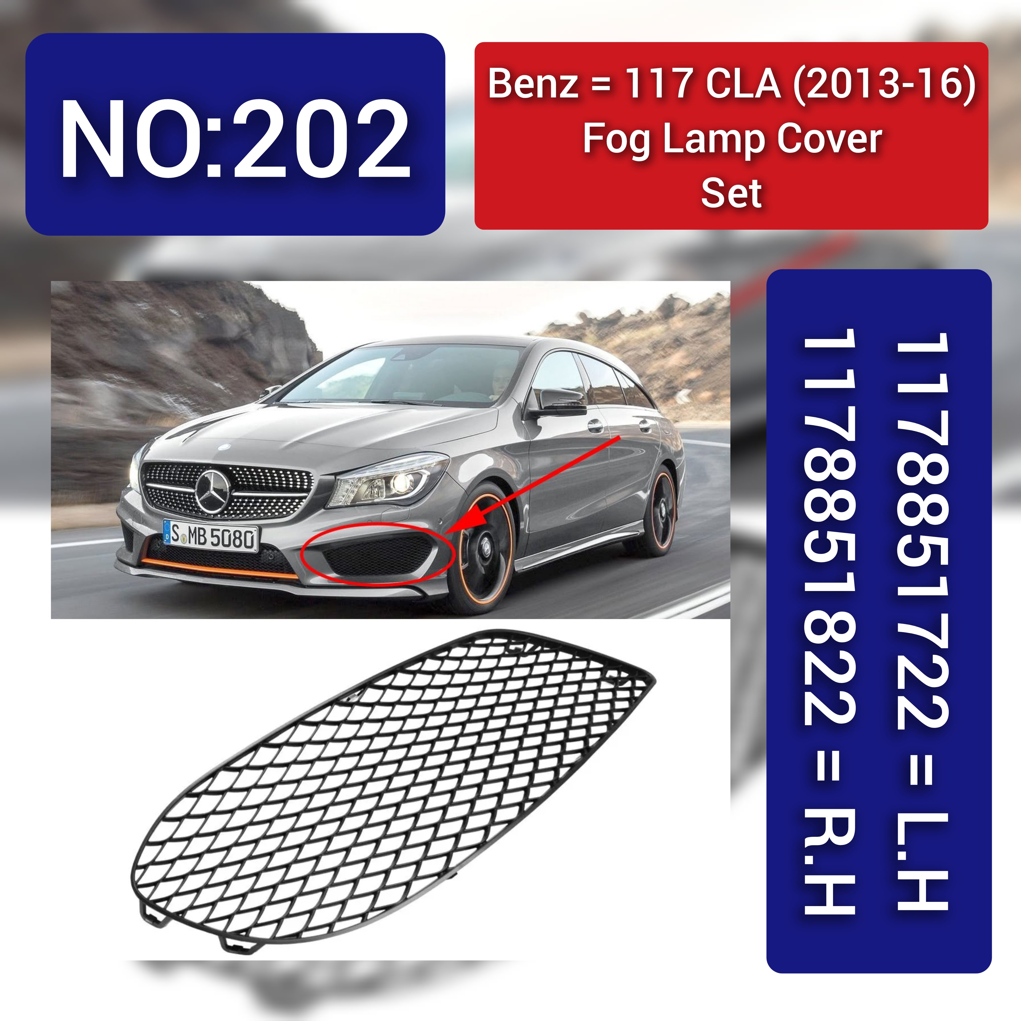 Fog Lamp Cover Front Bumper Grille  Compatible With MERCEDES-BENZ CLA 117 2013-2016 Fog Lamp Cover Left 1178851722 & Right 1178851822 Tag-FC-202