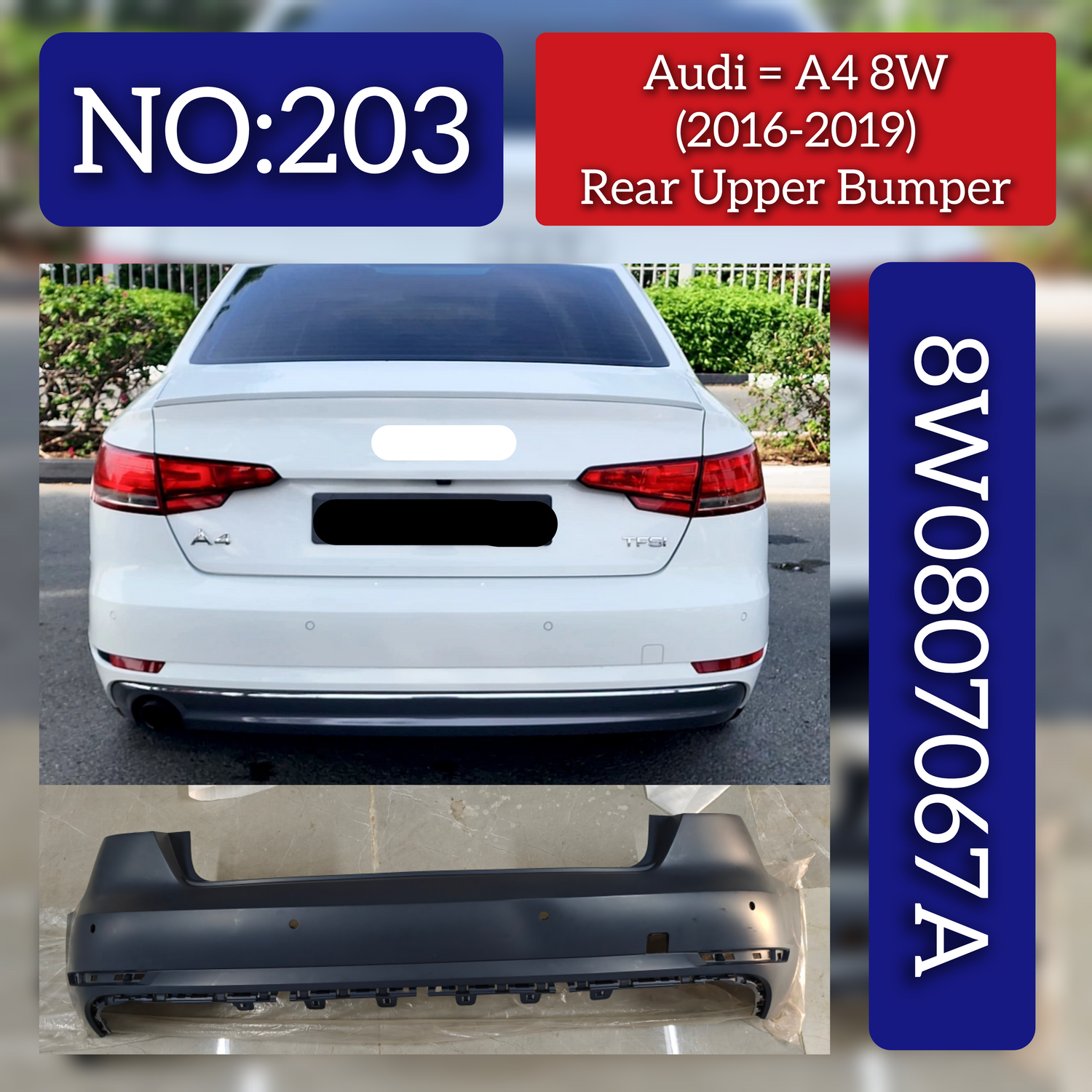 Rear Upper Complete Bumper 8W5807067A 8W5807067AGRU Compatible With AUDI A4 B9 (8W2, 8WC) | A4 / S4