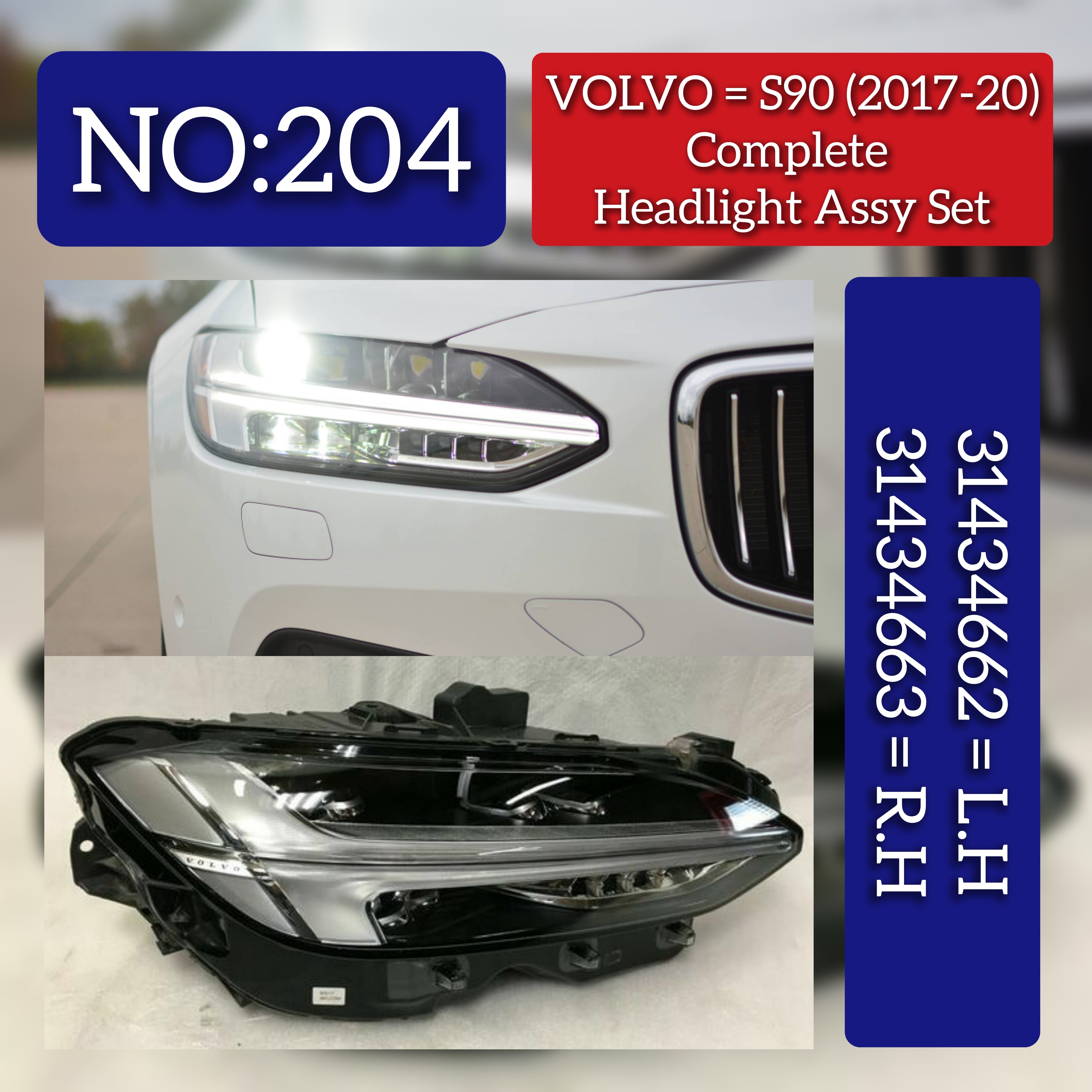 Headlight Headlamp Left 31434662 & Right 31434663 (Without Blaster) Compatible With VOLVO S90 (2017-2020)