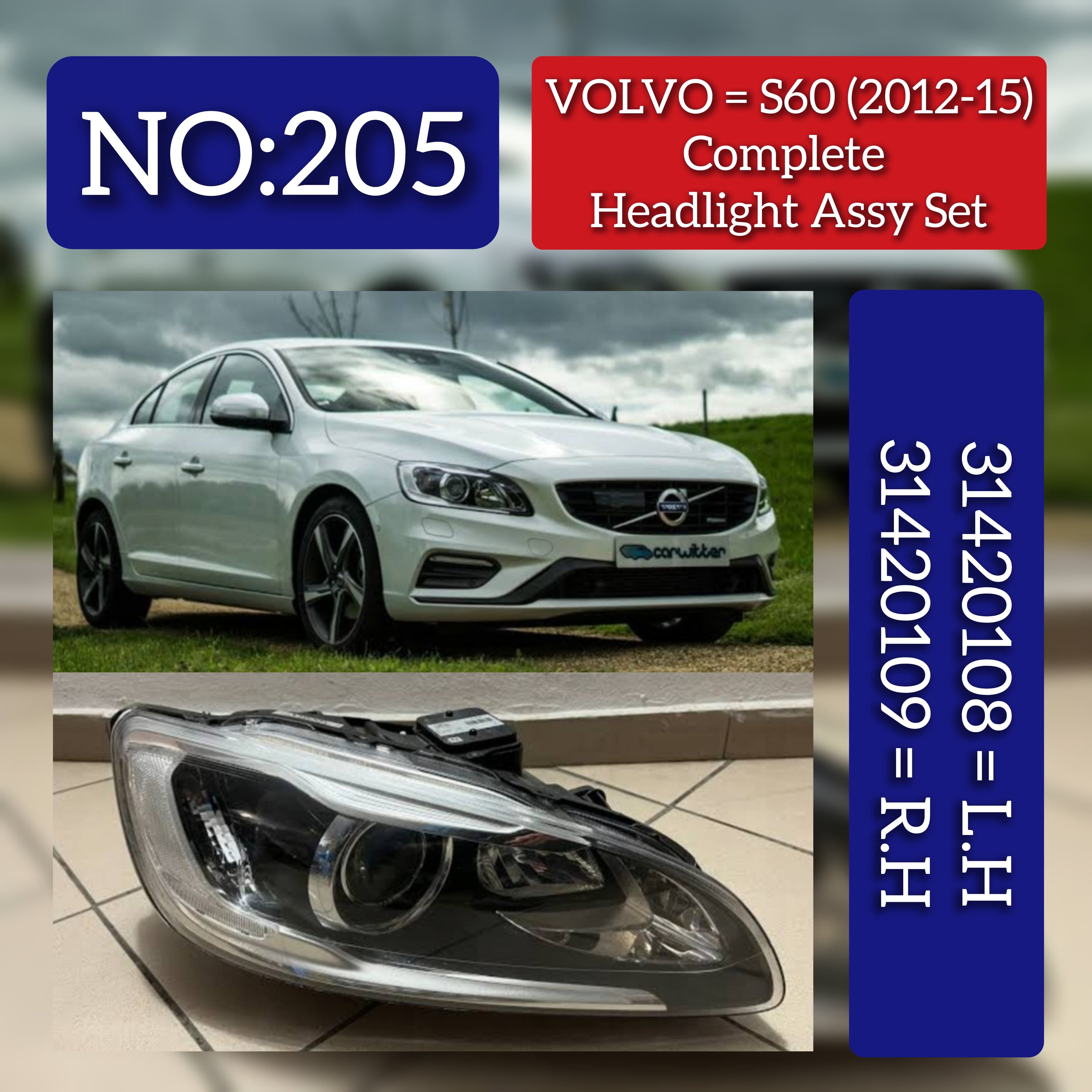 Headlight Headlamp Left 31420108 & Right 31420109 31353284 31395902 31698818 (Without Blaster) Compatible With VOLVO S60 (2012-2015)