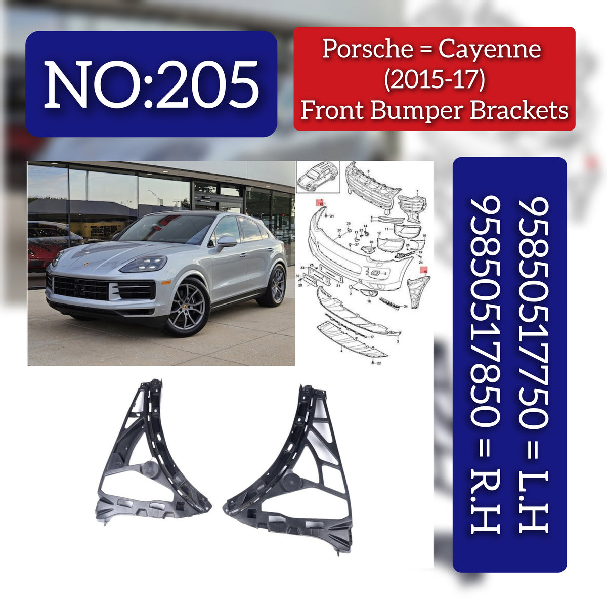 Front Bumper Bracket Left 95850517750 & Right 95850517850 Compatible With PORSCHE CAYENNE (9YA) (2015) Tag No.205