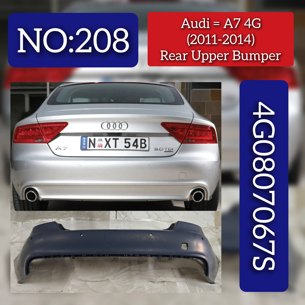 Rear Upper Complete Bumper 4G5807067K Compatible With AUDI A6 C7 (4G2, 4GC) | A6 / S6 (2011-2014) Tag no.208