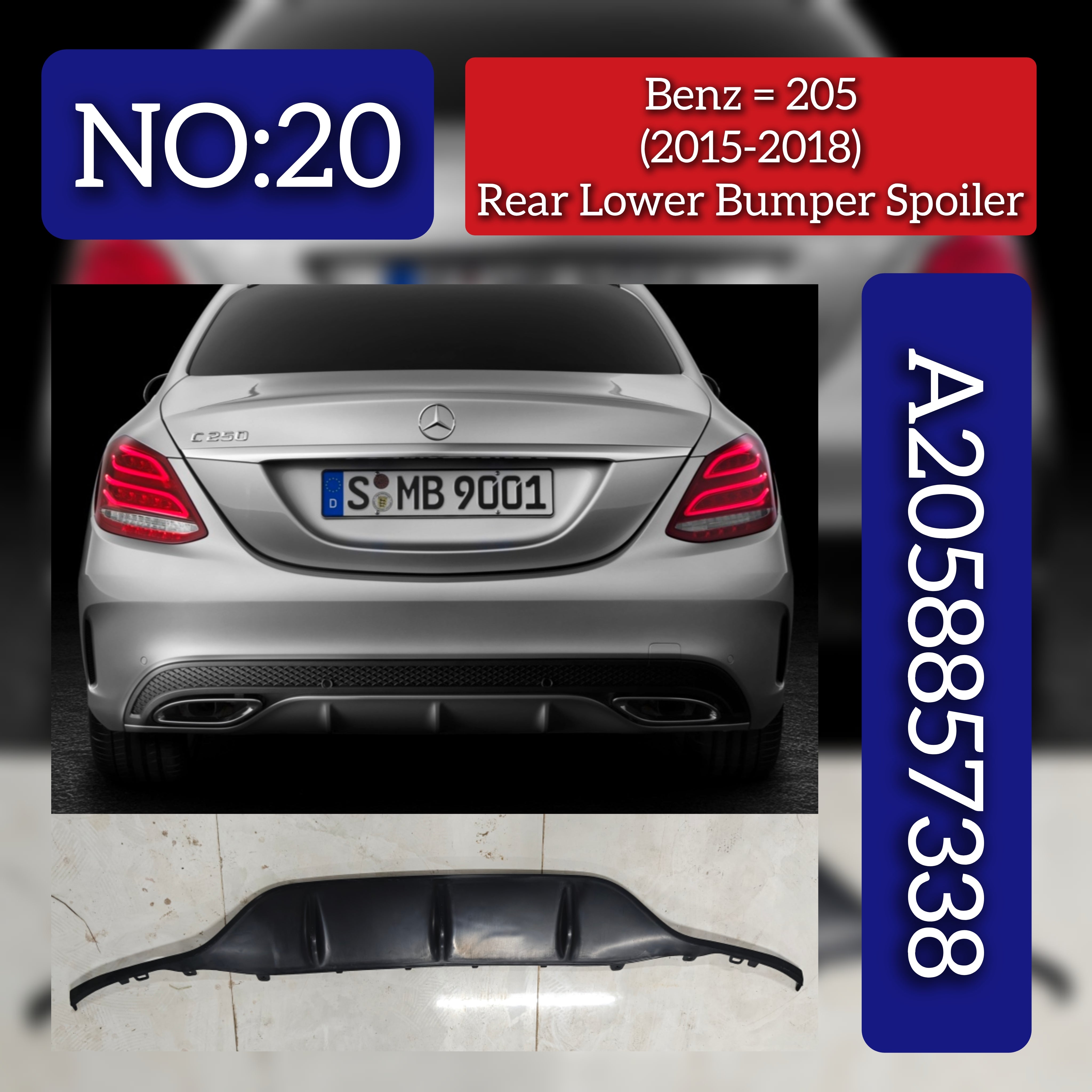 Rear Lower Bumper Spoiler 2058857338 Compatible With Mercedes-Benz C-CLASS W205 (2015-2018) Tag No.20