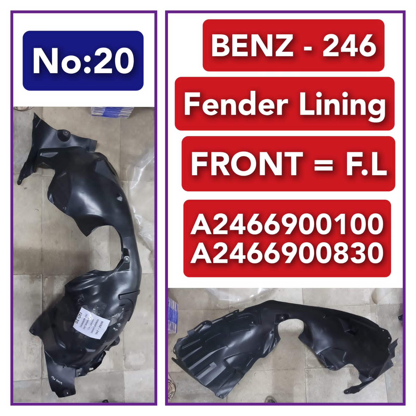 Front Left Fender Liner A2466900100 A2466900830 Compatible With MERCEDES-BENZ A-CLASS W176 & B-CLASS W246 W242 & CLA Coupe C117 Tag-FEM-20