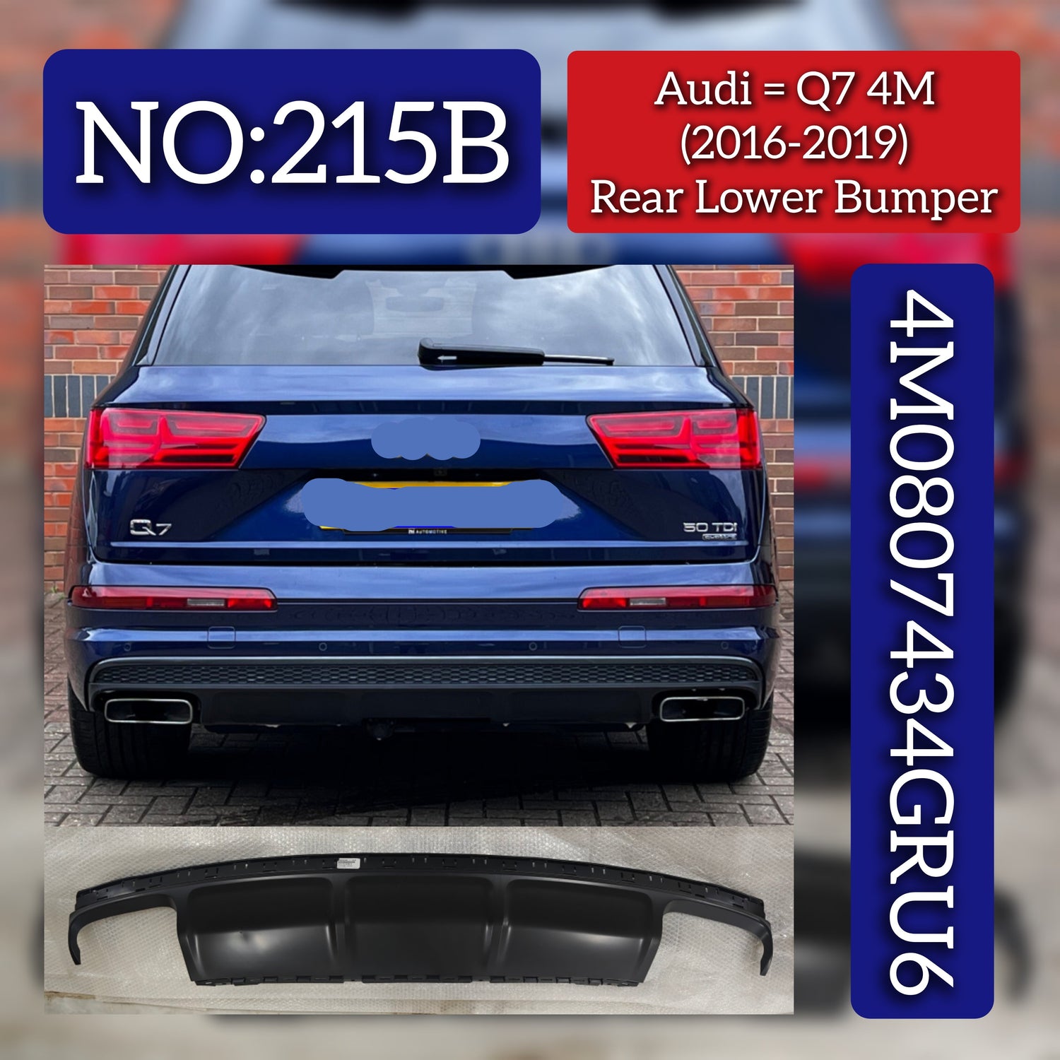 Rear Lower Bumper 4M0807434GRU6 Compatible With Audi Q7 4M (2016-2019) Tag No.215B