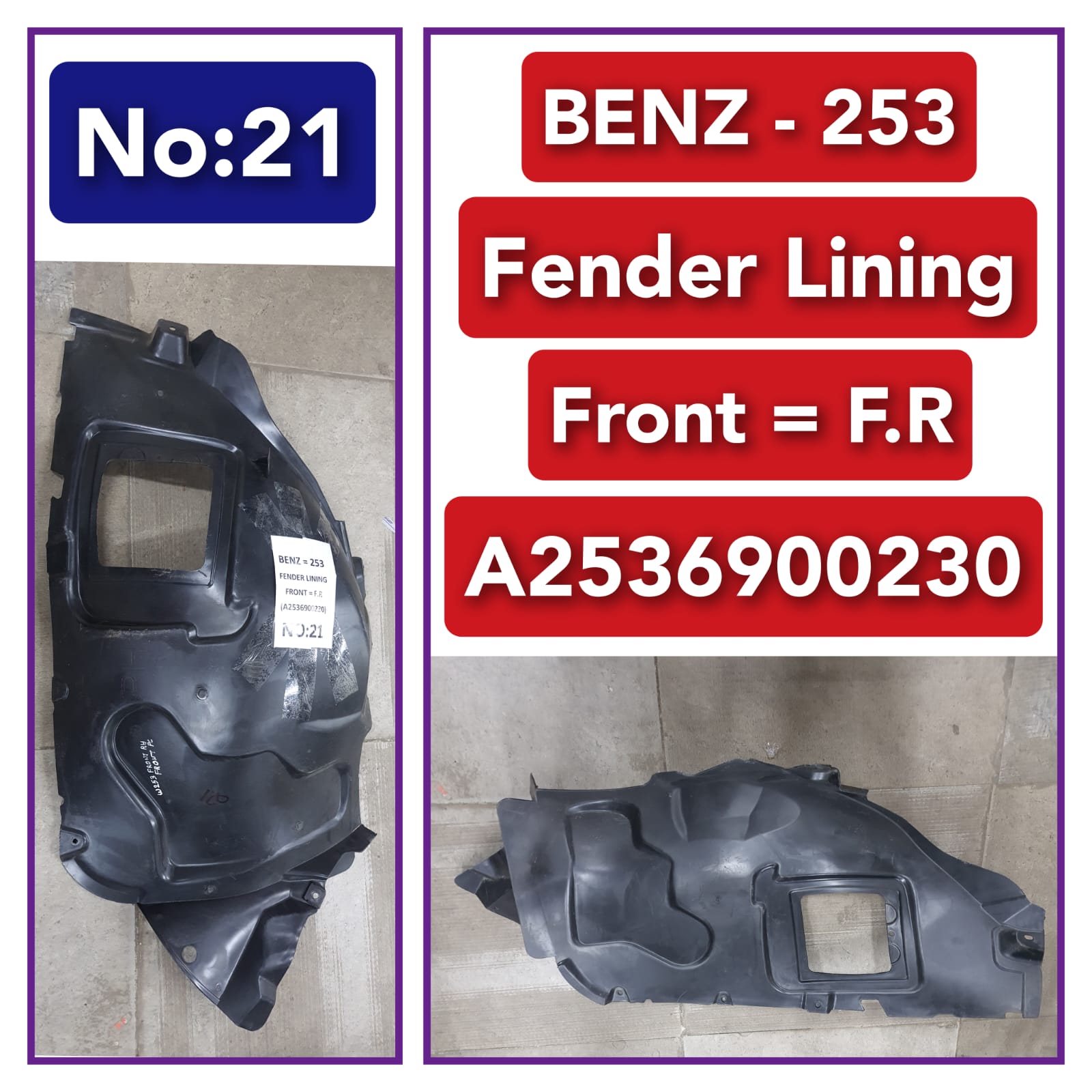 Front Right Fender Liner A2536900230 Compatible With MERCEDES-BENZ GLC-CLASS W253 Tag-FEM-21