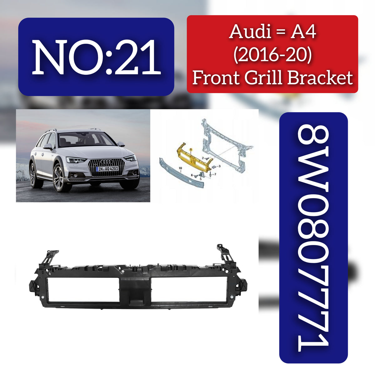 Bumper Grille Bracket Black Radiator Bracket 8W0807771 Compatible With AUDI A6 C7 (2016-2018) Tag No.21