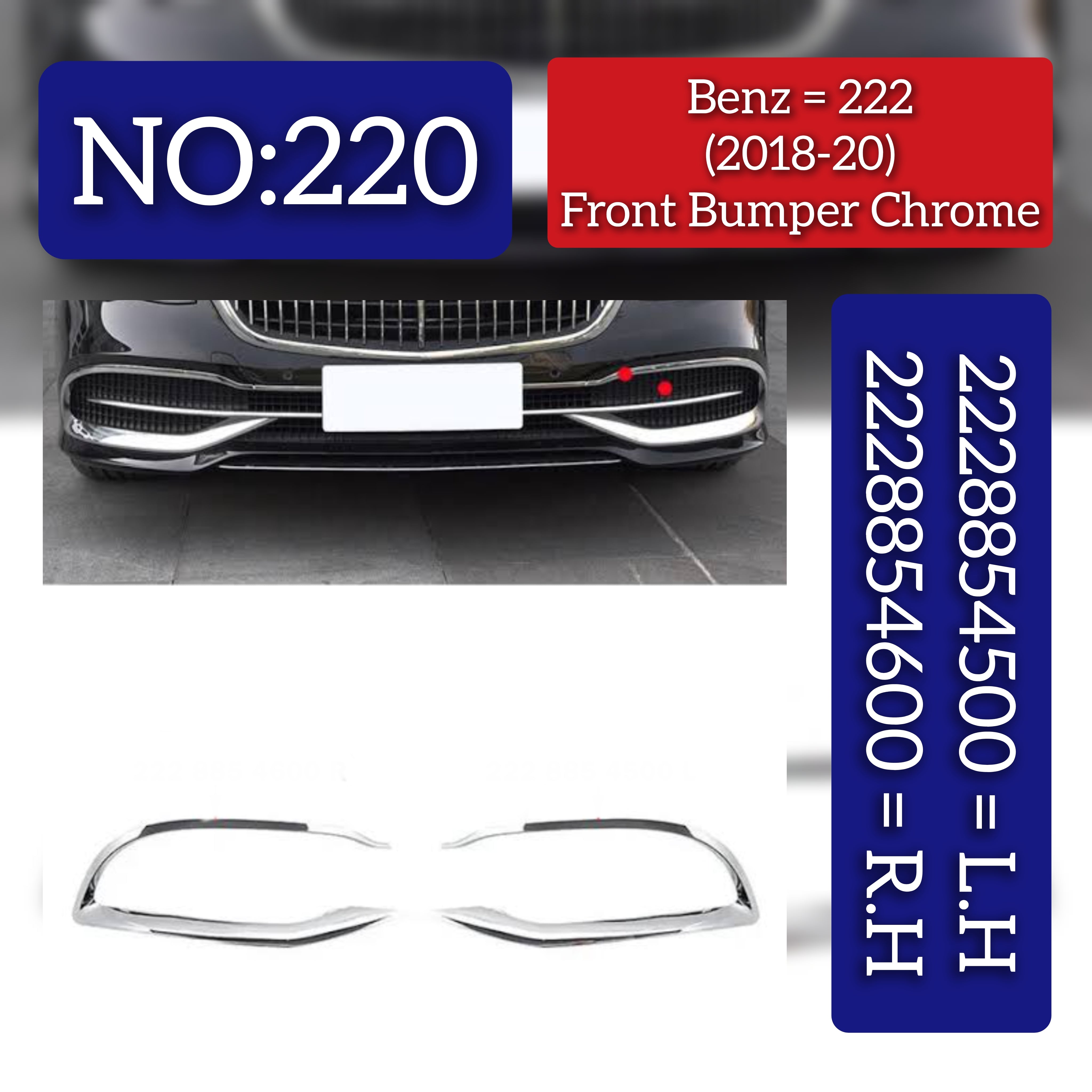 Front Bumper Chrome Right 2228854600 & Left 2228854500 Compatible with MERCEDES-BENZ E-Class W222 (2018-20) Tag No.220