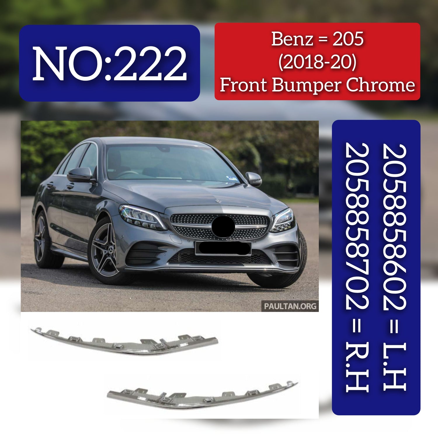 Front Bumper Chrome Left 2058858602 Right 2058858702 Compatible With Benz=205 (2018-2020) Tag No.222