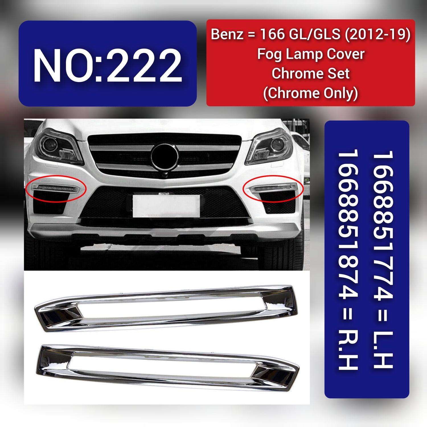 Fog Lamp Chrome Left 1668851774 & Right 1668851887 Compatible With MERCEDES-BENZ GL-GLS W166 2012-2019 tag 222