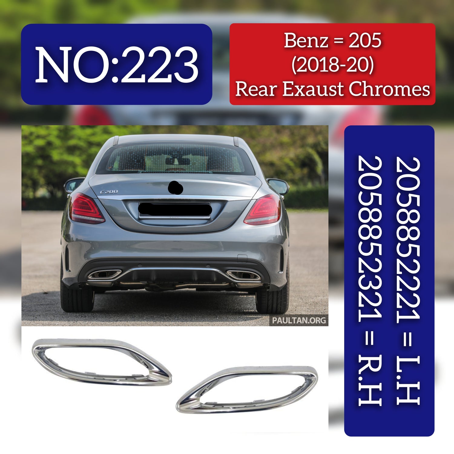 Rear Exhaust Chrome Right 2058852321 & Left 2058852221 Compatible With Mercedes-Benz C-Class W205 (2018-2020) Tag No.223