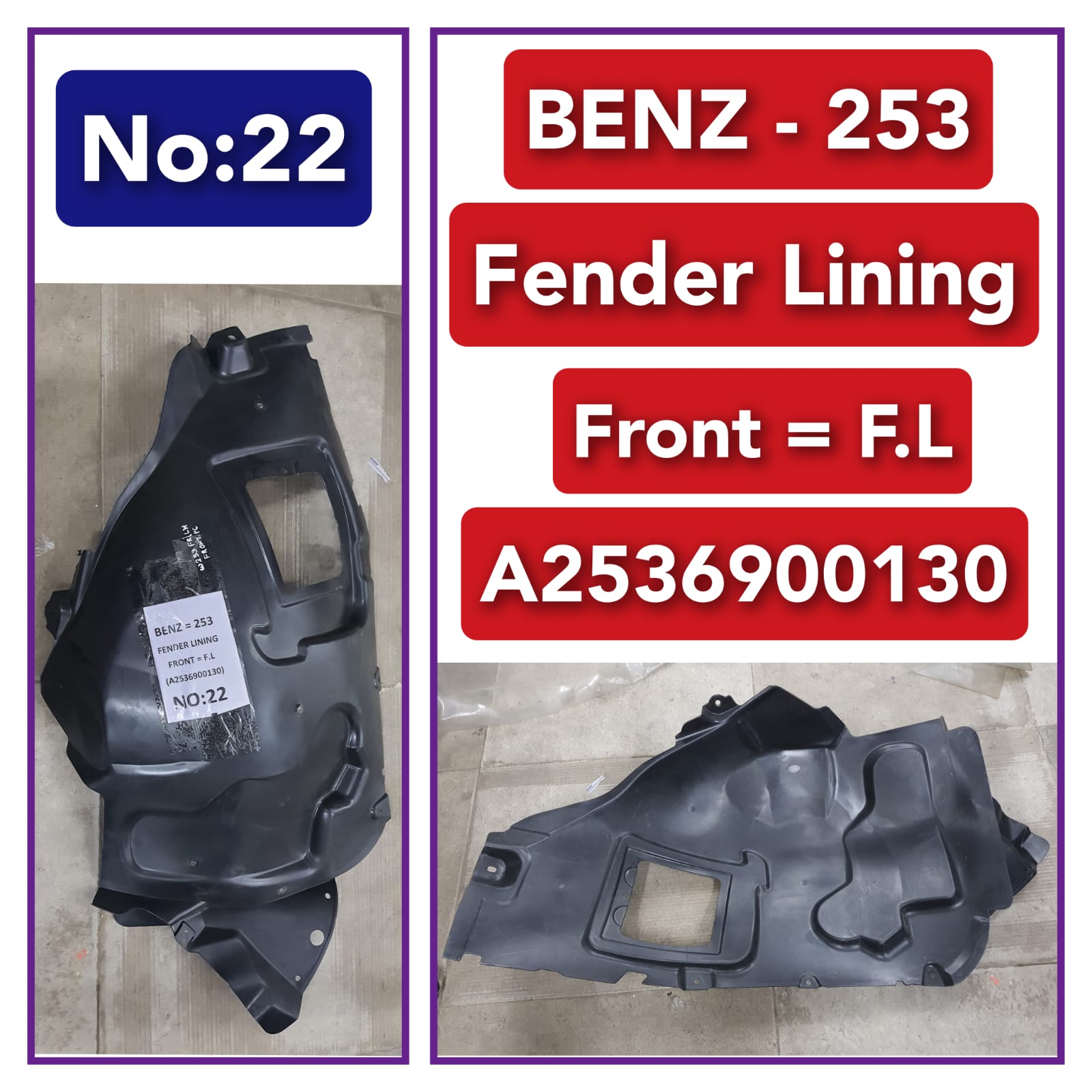 Front Left Fender Liner A2536900130 Compatible With MERCEDES-BENZ GLC-CLASS W253 Tag-FEM-22