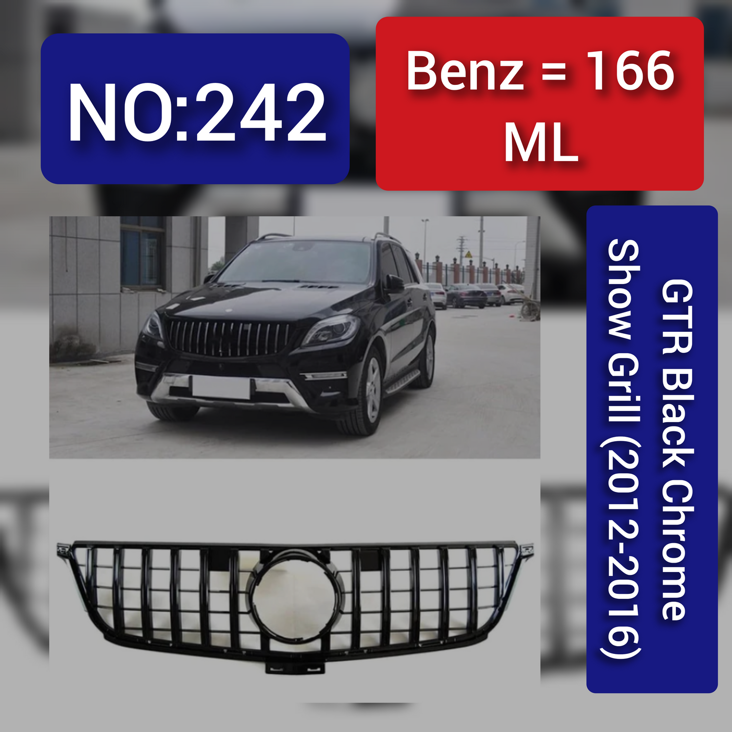 GTR Black Chrome Show Grill Compatible With Mercedes  Benz ML-Class W166 (2012-2016) Tag 242