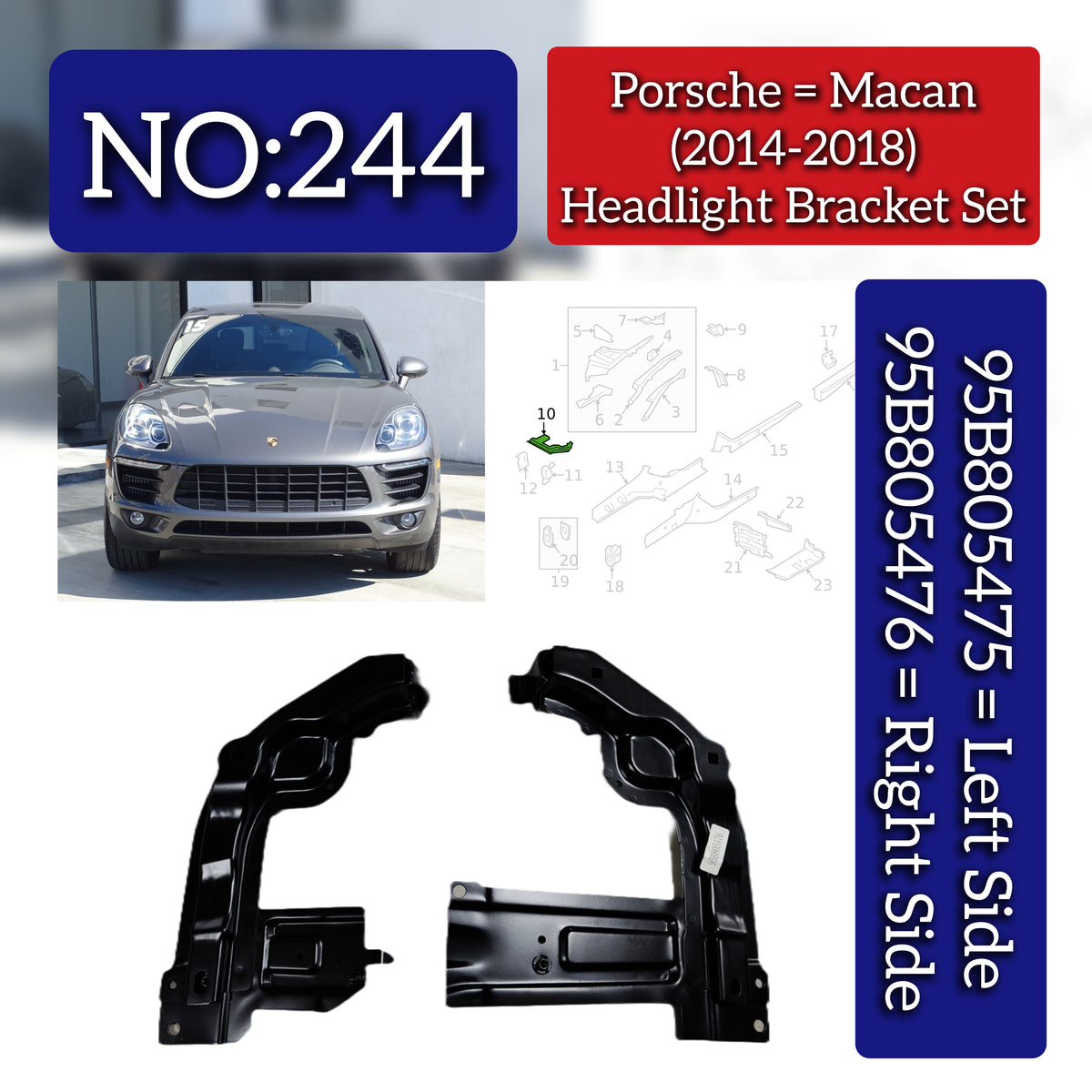 Headlight Bracket Set Right 95B805476 & Left 95B805475 Compatible With Porsche Macan (2014-2017) Tag No.244