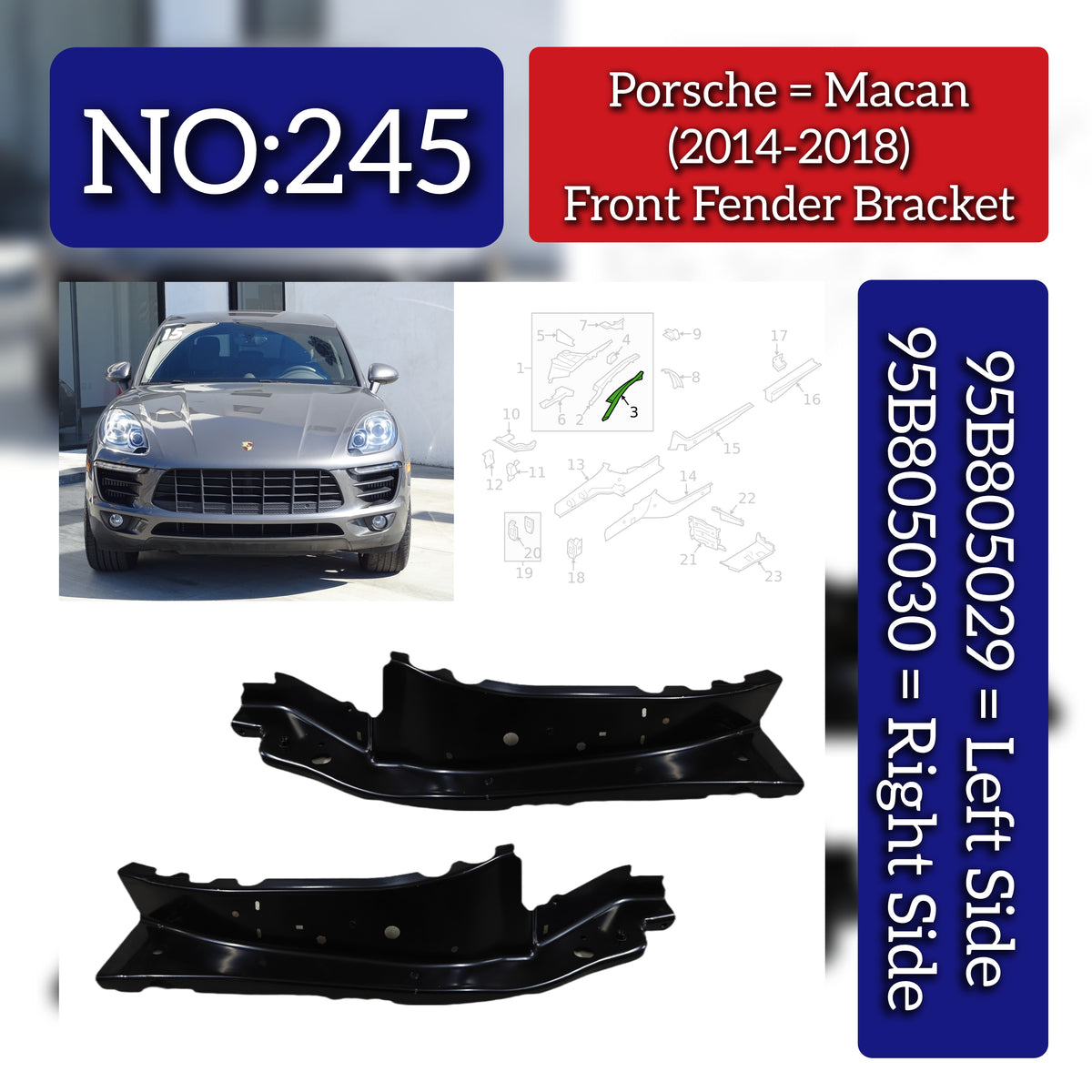 Front Fender Bracket Set Left 95B805029 & Right 95B805030 Compatible With Porsche Macan (2014-2017) Tag No.245
