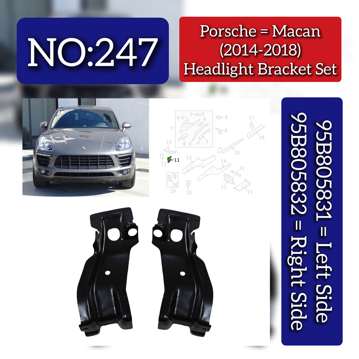 Headlight Bracket Set Right 95B805832 & Left 95B805831 Compatible With Porsche Macan (2014-2017) Tag No.247