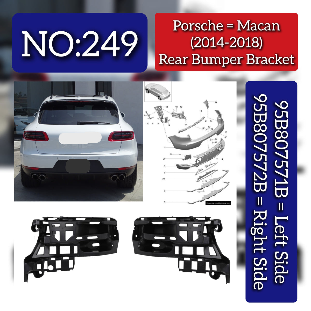 Rear Bumper Bracket Set Right 95B807572B & Left 95B807571B Compatible With Porsche Macan (2014-2017) Tag No.249