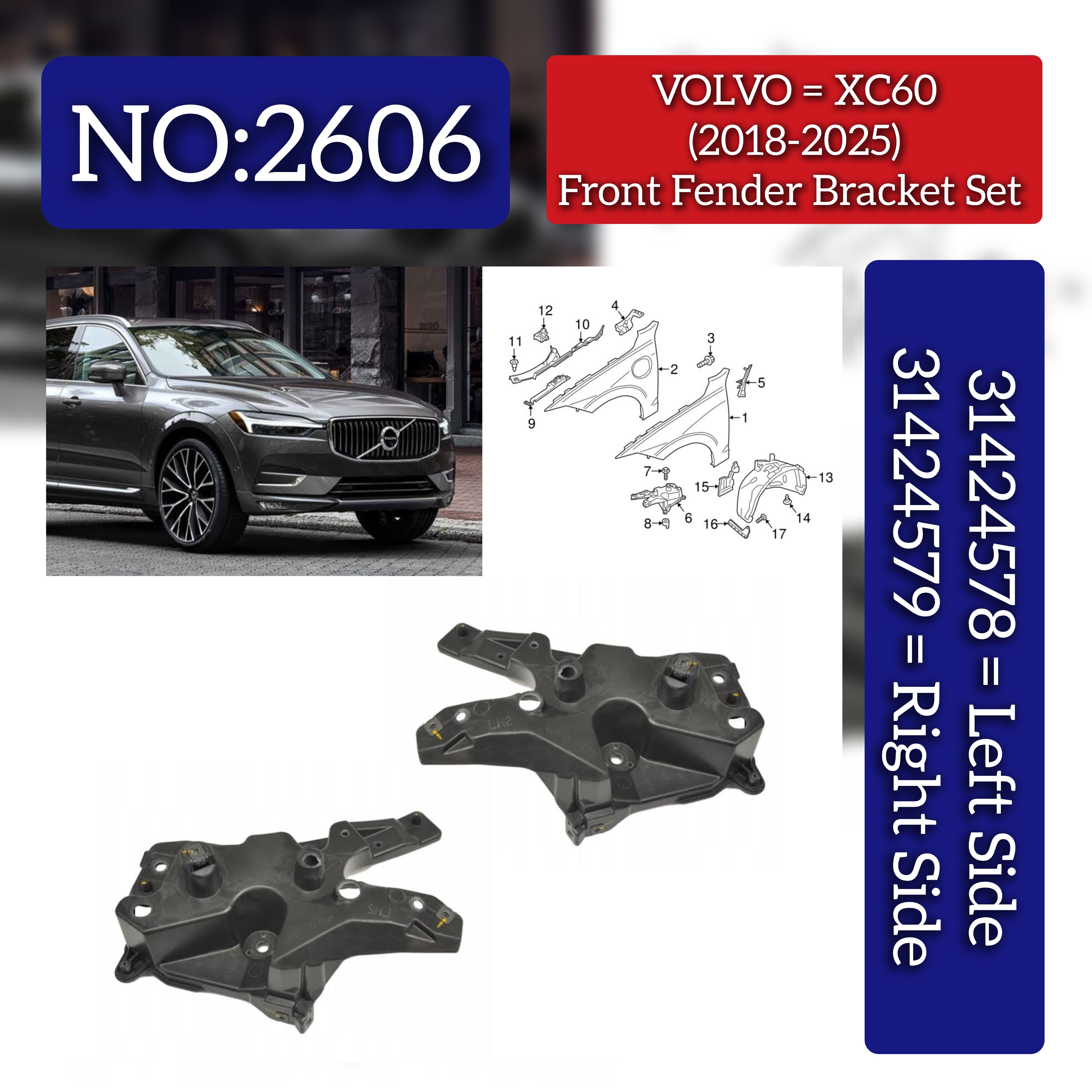 Front Bumper Brackets Set Left 31424578 Right 31424579 Compatible With VOLVO XC60 II (246) Tag No.2606