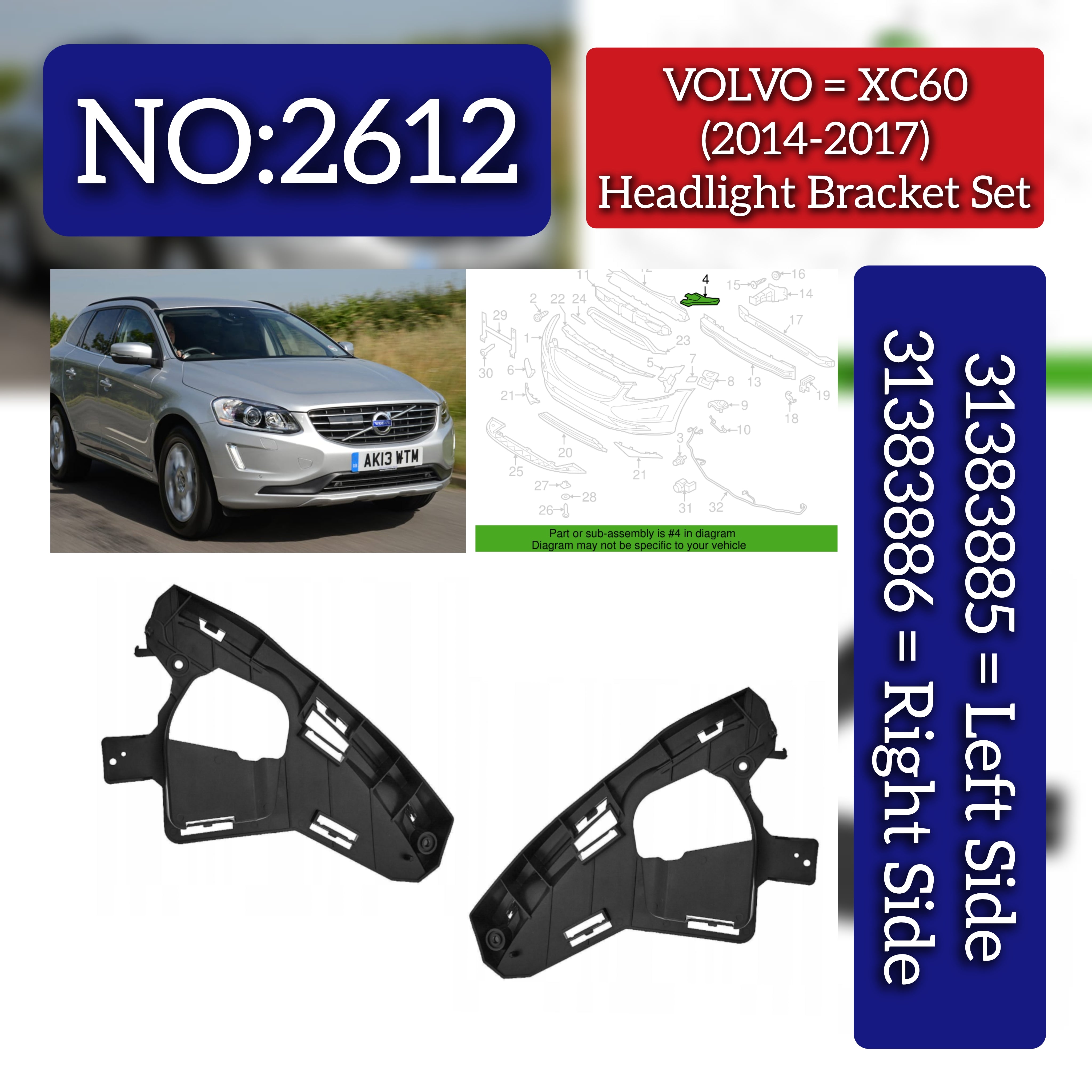 Headlight Bracket Set Left 31383885 & Right 31383886 Compatible With VOLVO XC60 (2014-2017) Tag No.2612