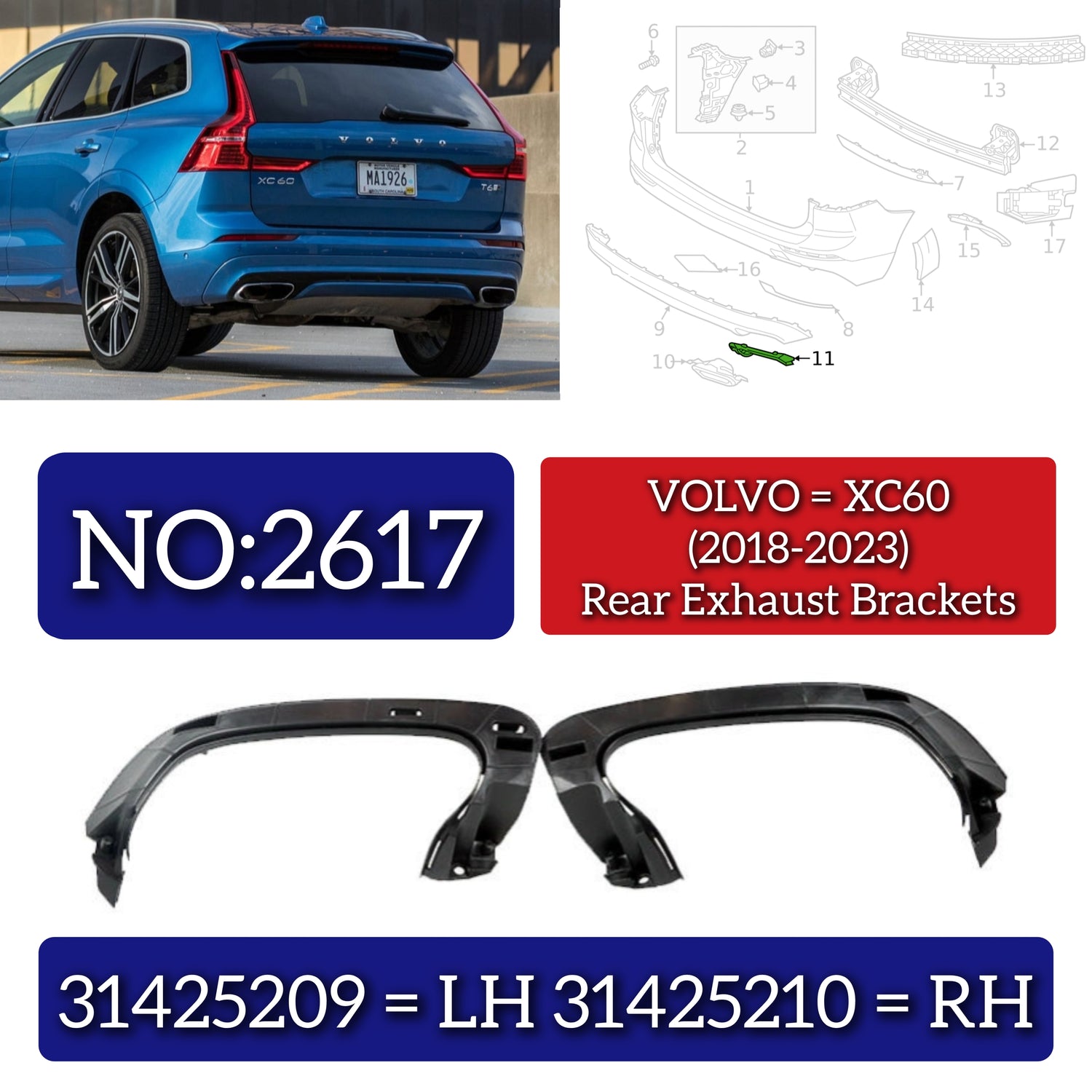 Rear Bumper Cover Heat Shield Exhaust Bracket Left 31425209 & Right 31425210 Compatible With Volvo XC60 (2018-21) Tag No.2617
