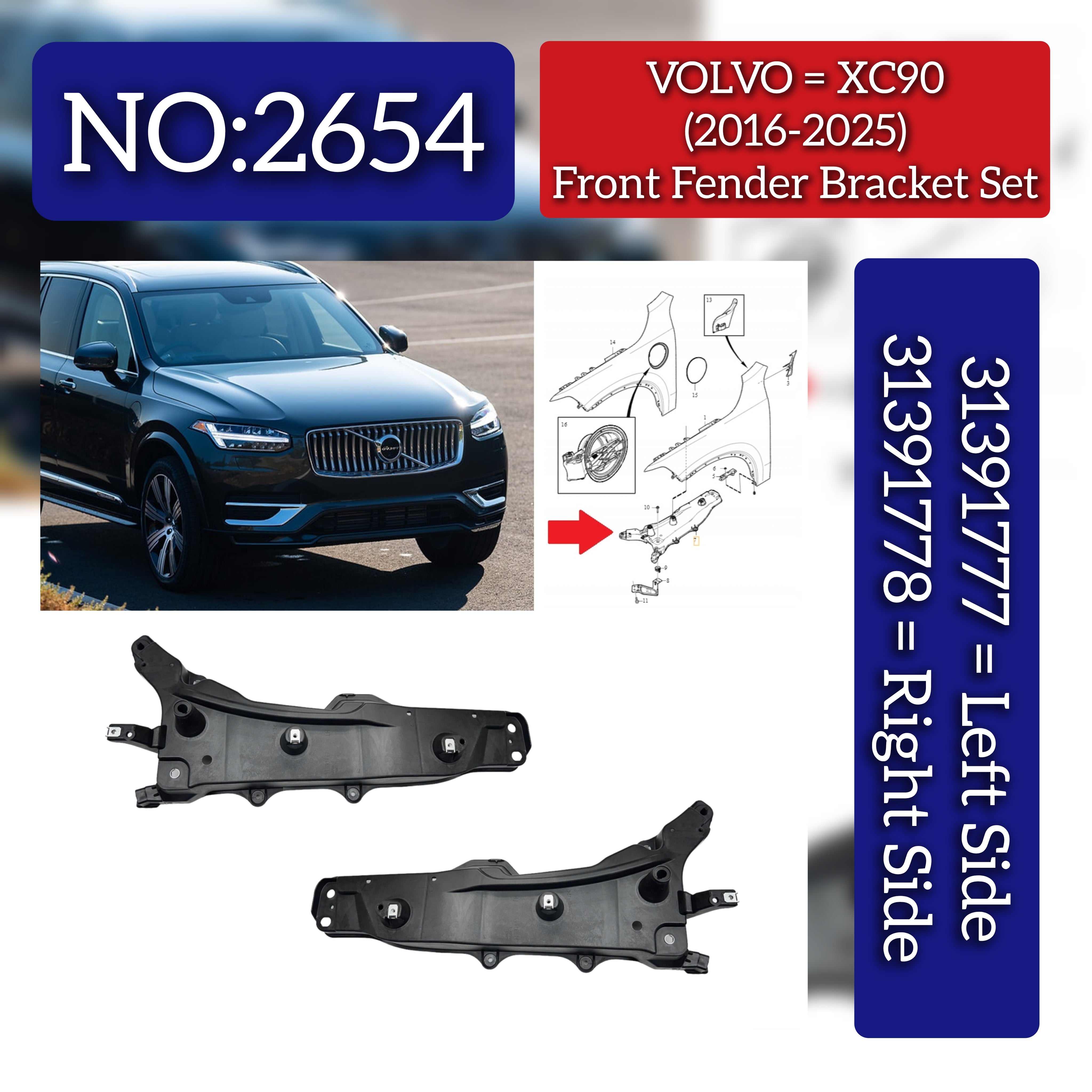 Front Bumper Brackets Set Left 31391777 Right 31391778 Compatible With VOLVO XC90 I (275) Tag No.2654