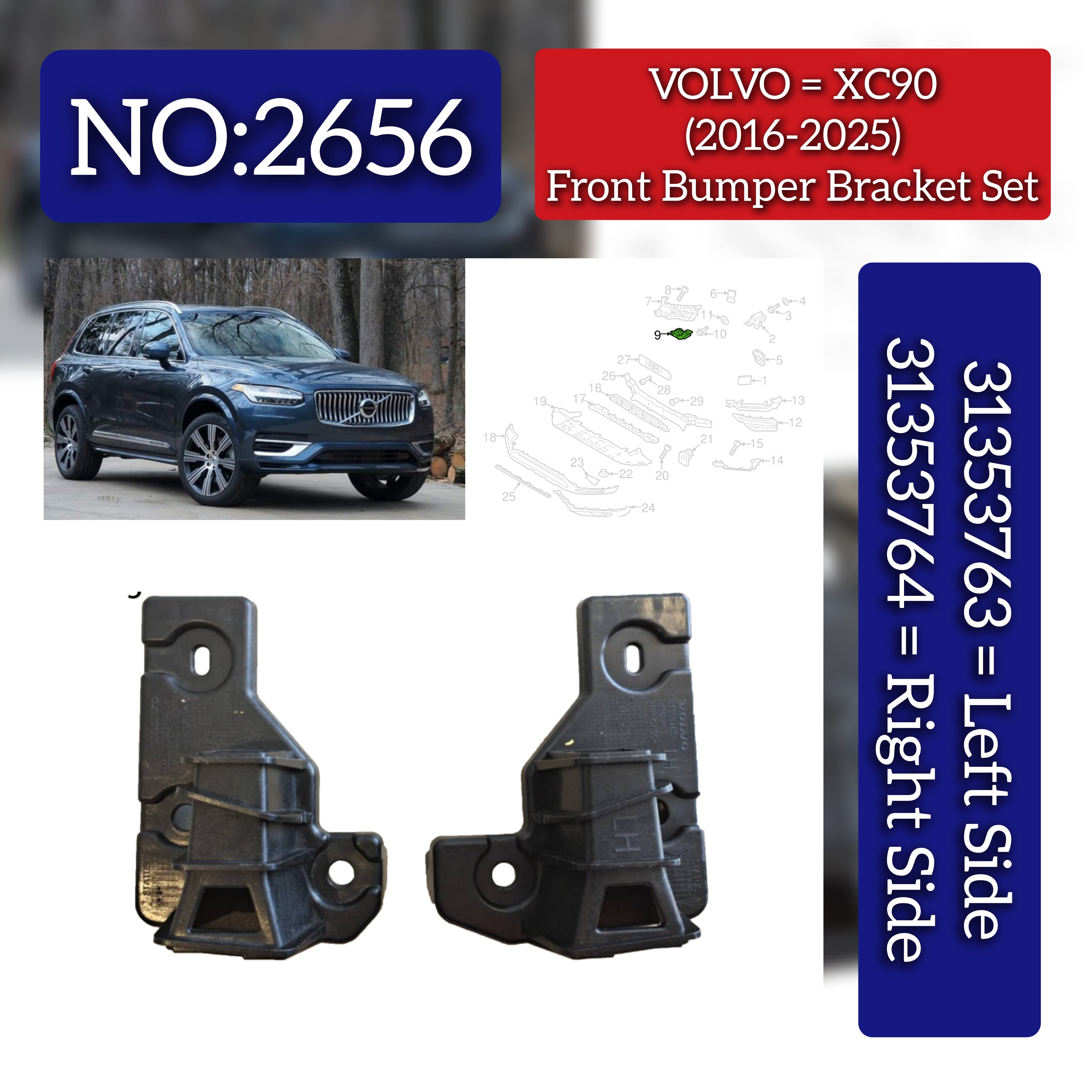 Front Bumper Brackets Set Left 31353763 Right 31353764 Compatible With VOLVO XC90 I (275) Tag No.2656