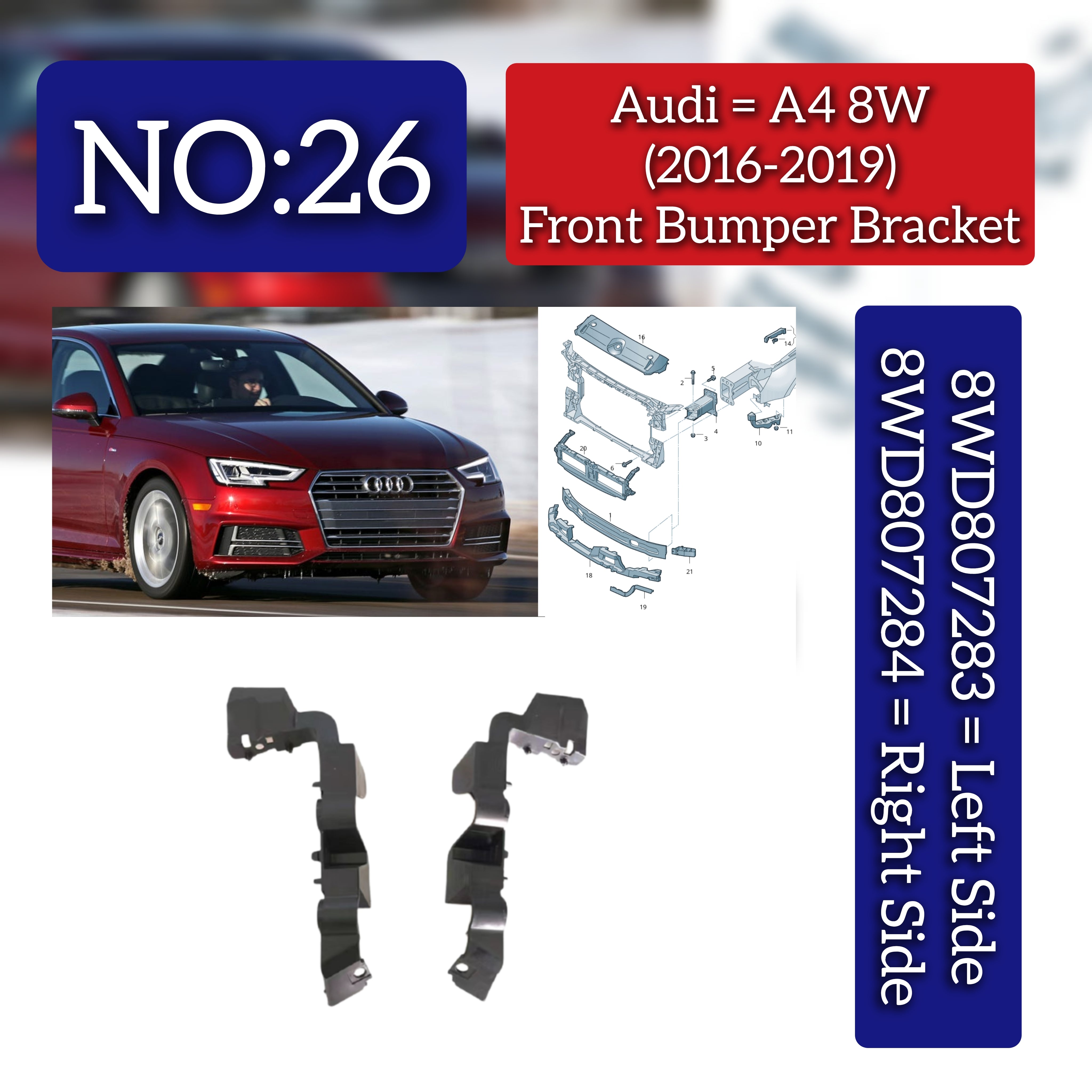 Front Bumper Bracket Left 8WD807283 & Right 8WD807284 Compatible With AUDI A4 8W (2016-2019) Tag No.26
