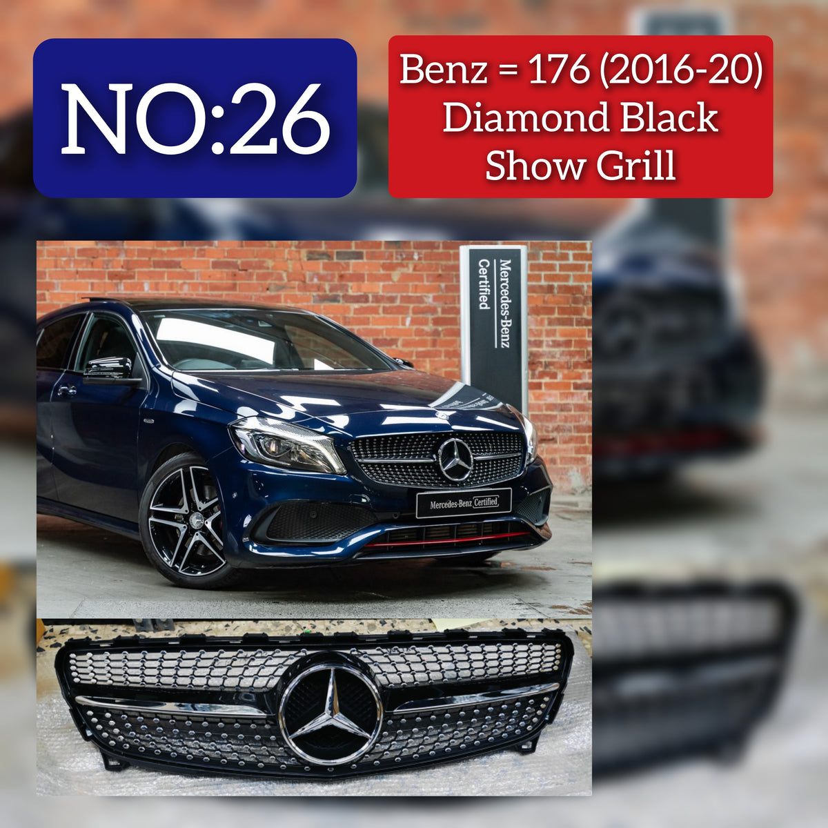 Diamond Black Show Grill  Compatible With  Mercedes  Benz A-Class W176 ( 2016-2019) Tag 26