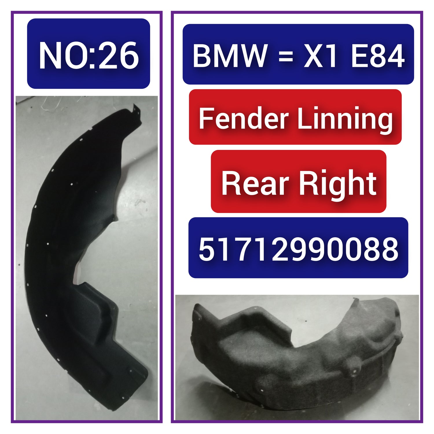 Rear Right Fender Liner 51712990088 Compatible With BMW X1 E84 Tag-FE-26