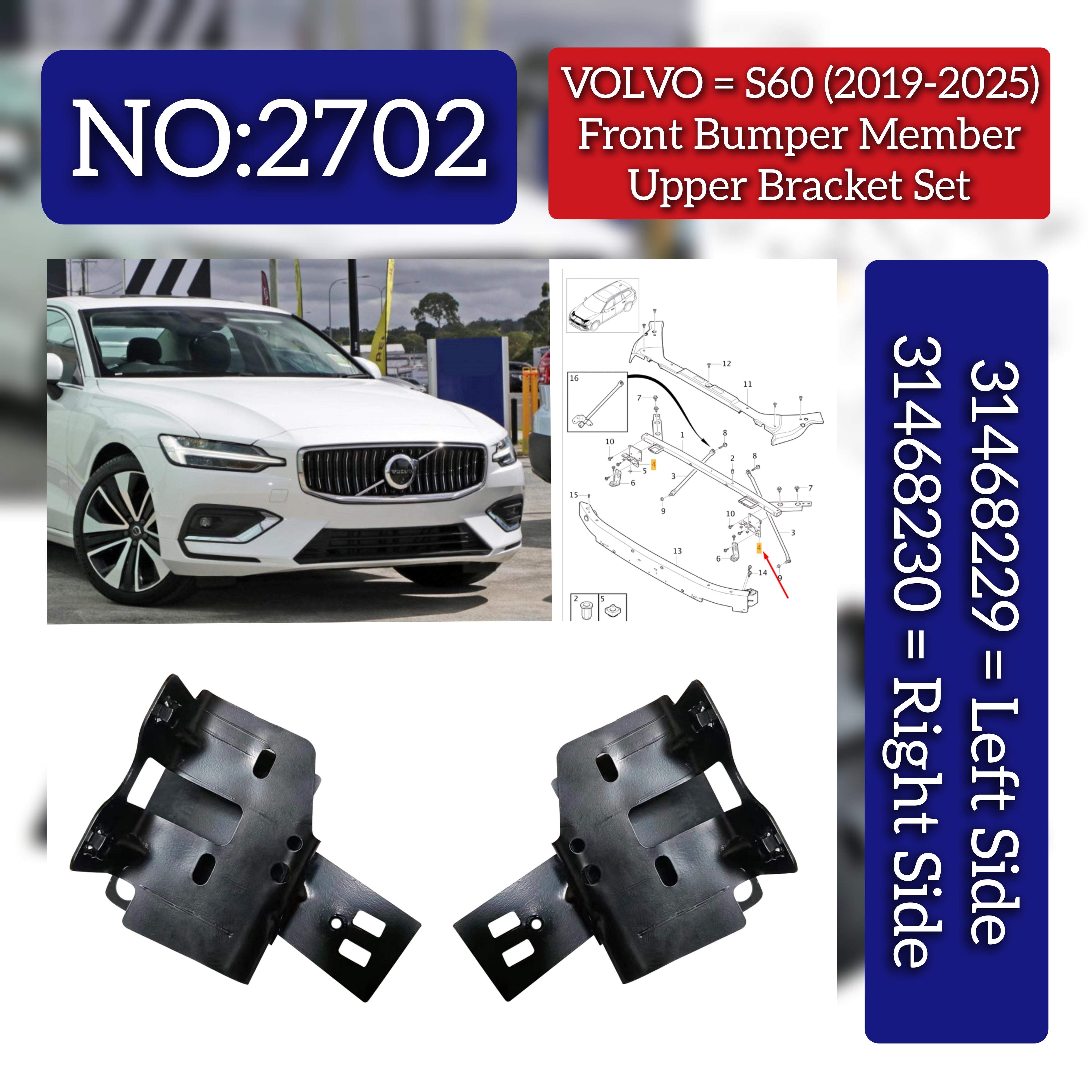Front Bumper Member Brackets Set Left 31468229 Right 31468230 Compatible With Volvo S60 Tag No.2702