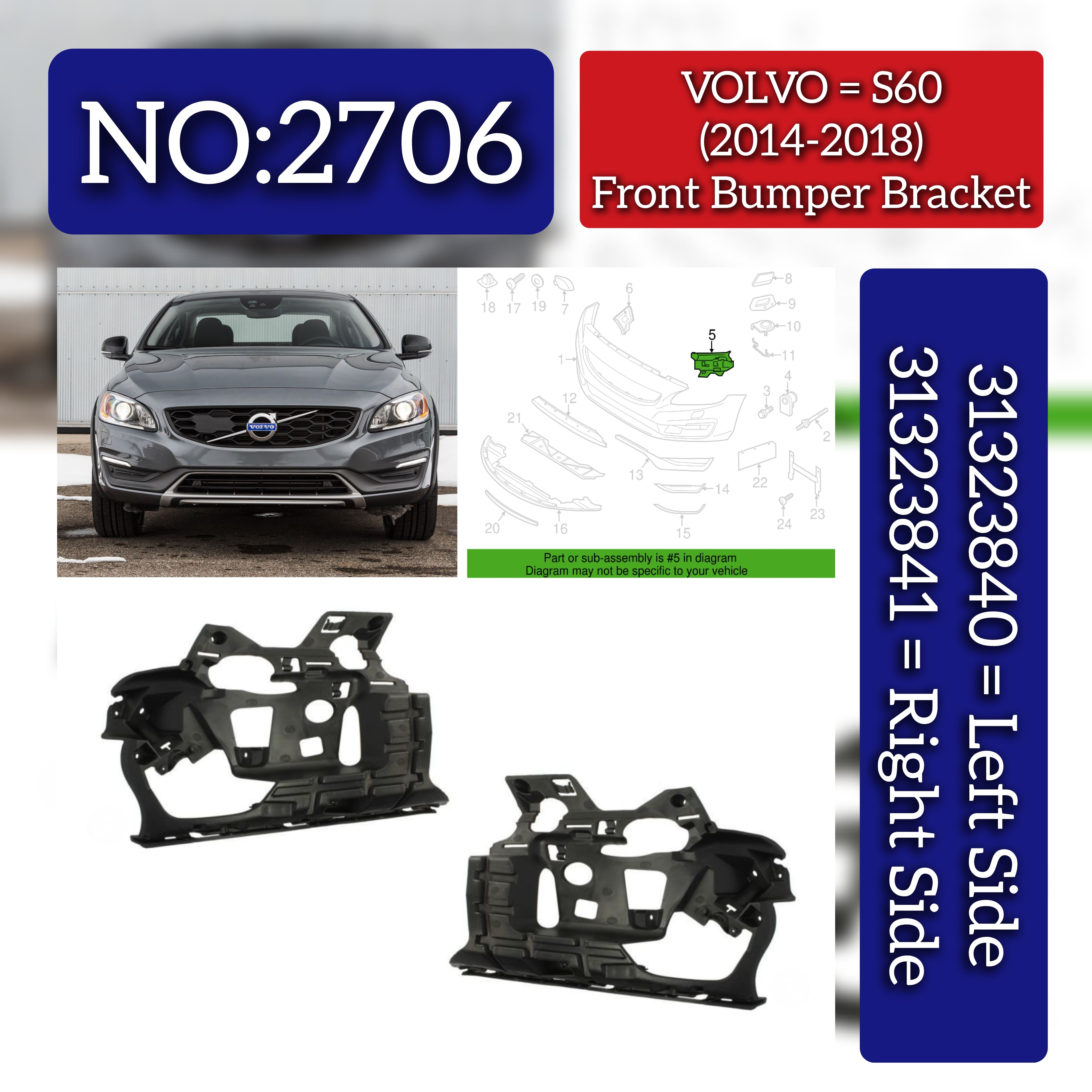 Front  Bumper Bracket Left 31323840 31364356 & Right 31323841 31364357 Compatible With  VOLVO S60 (2014-2018) Tag No.2706