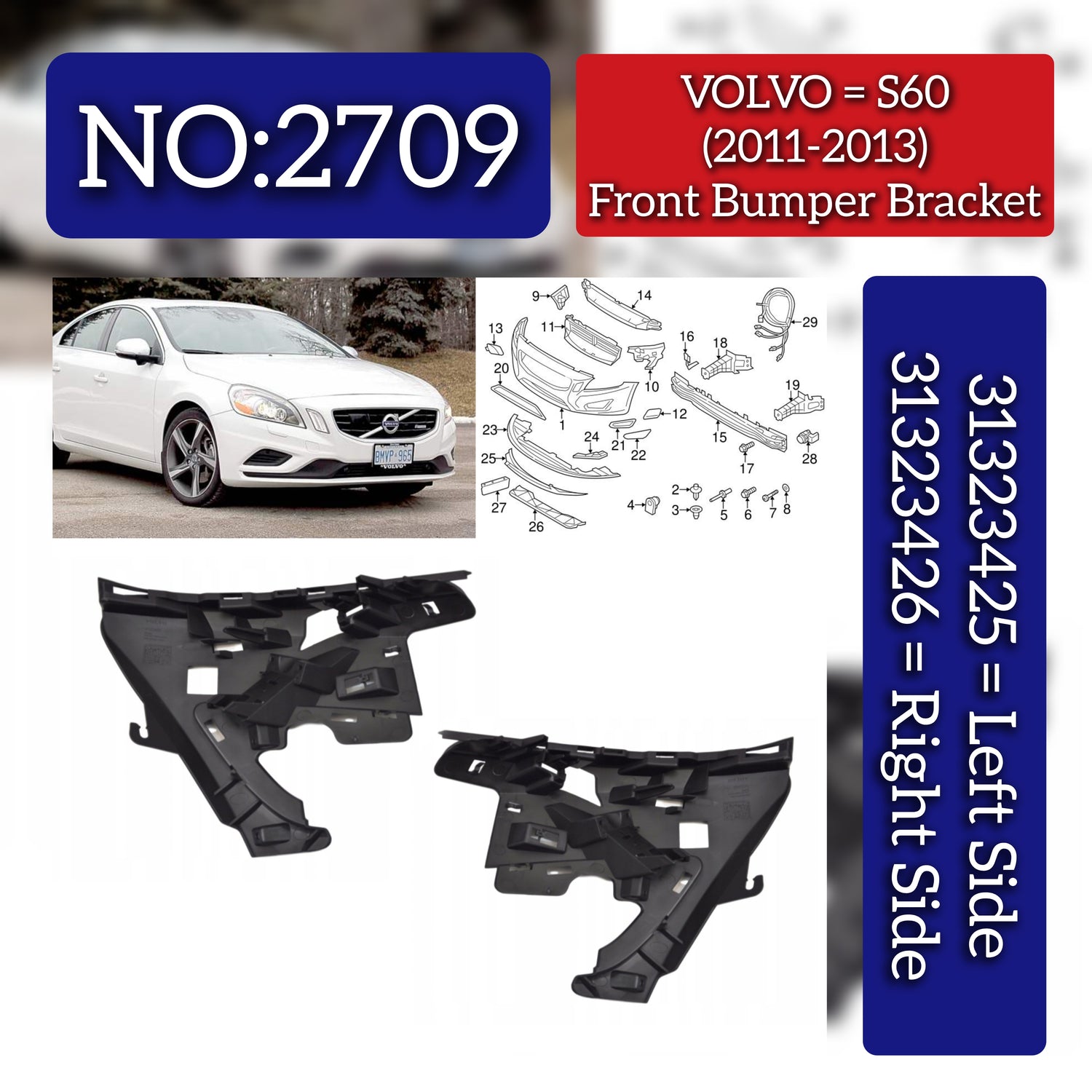 Front Bumper Bracket Left 31323425 & Right 31323426 Compatible With VOLVO S60 (2011-2013) Tag No.2709