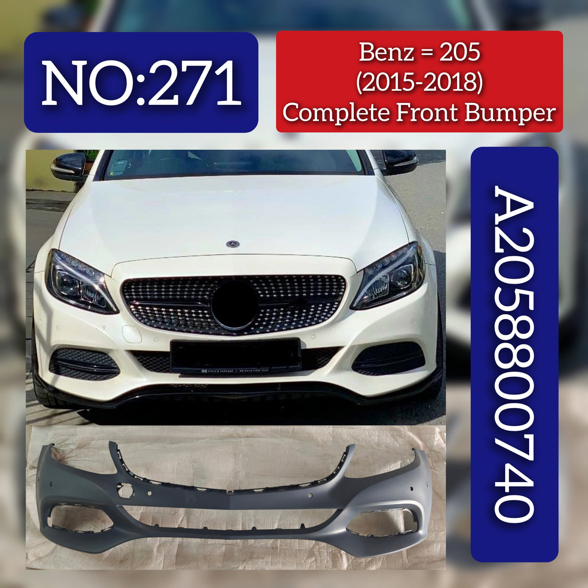 Front Bumper Cover A2058800740 A2058800140 Compatible With MERCEDES BENZ C-CLASS W205 T-1 2015-2018 Tag No.271