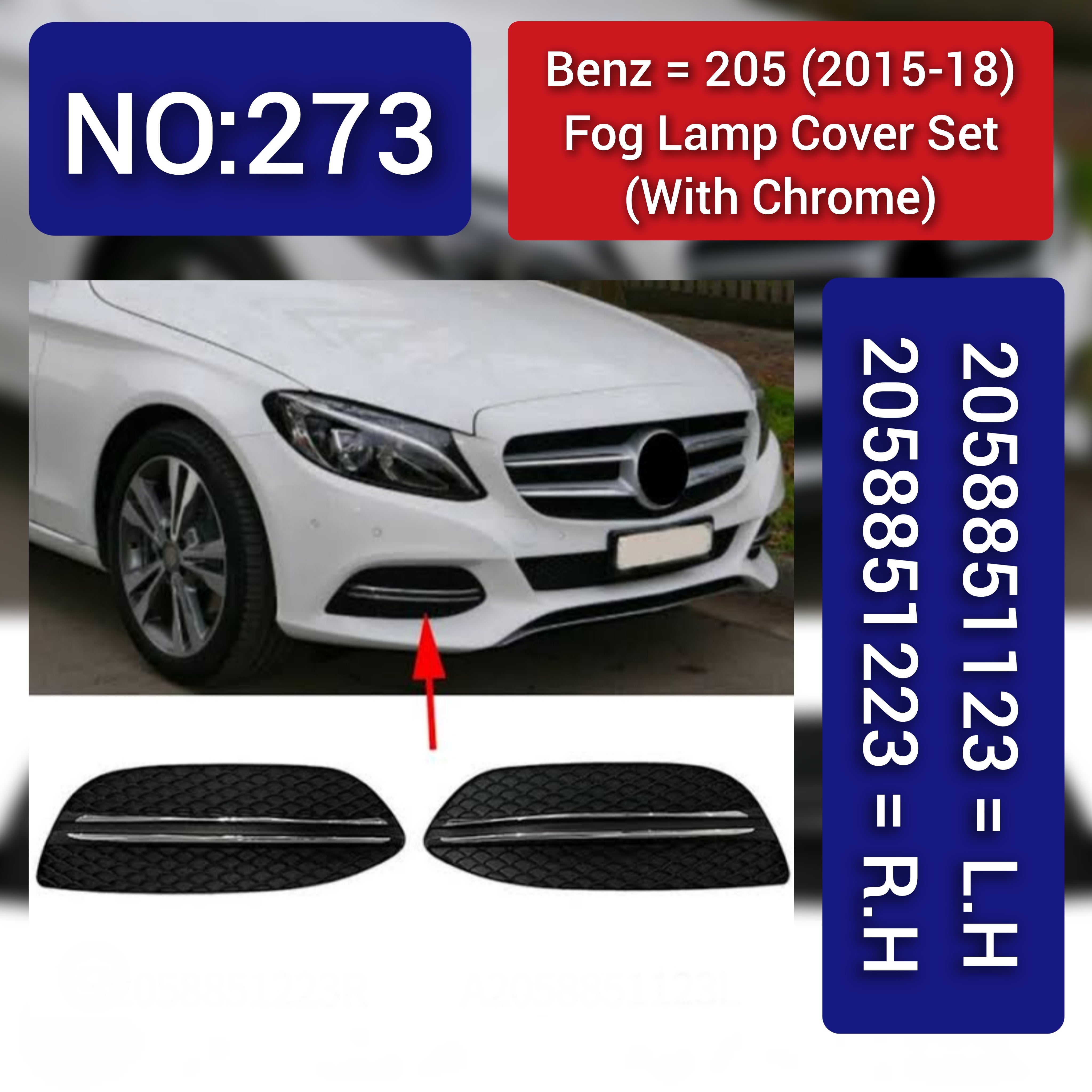 Outer Grille Fog Lamp Cover With Chrome Compatible With MERCEDES-BENZ C-CLASS W205 2015-2018 Fog Lamp Cover With Chrome Left 2058851123 & Right 2058851223 Tag-FC-273