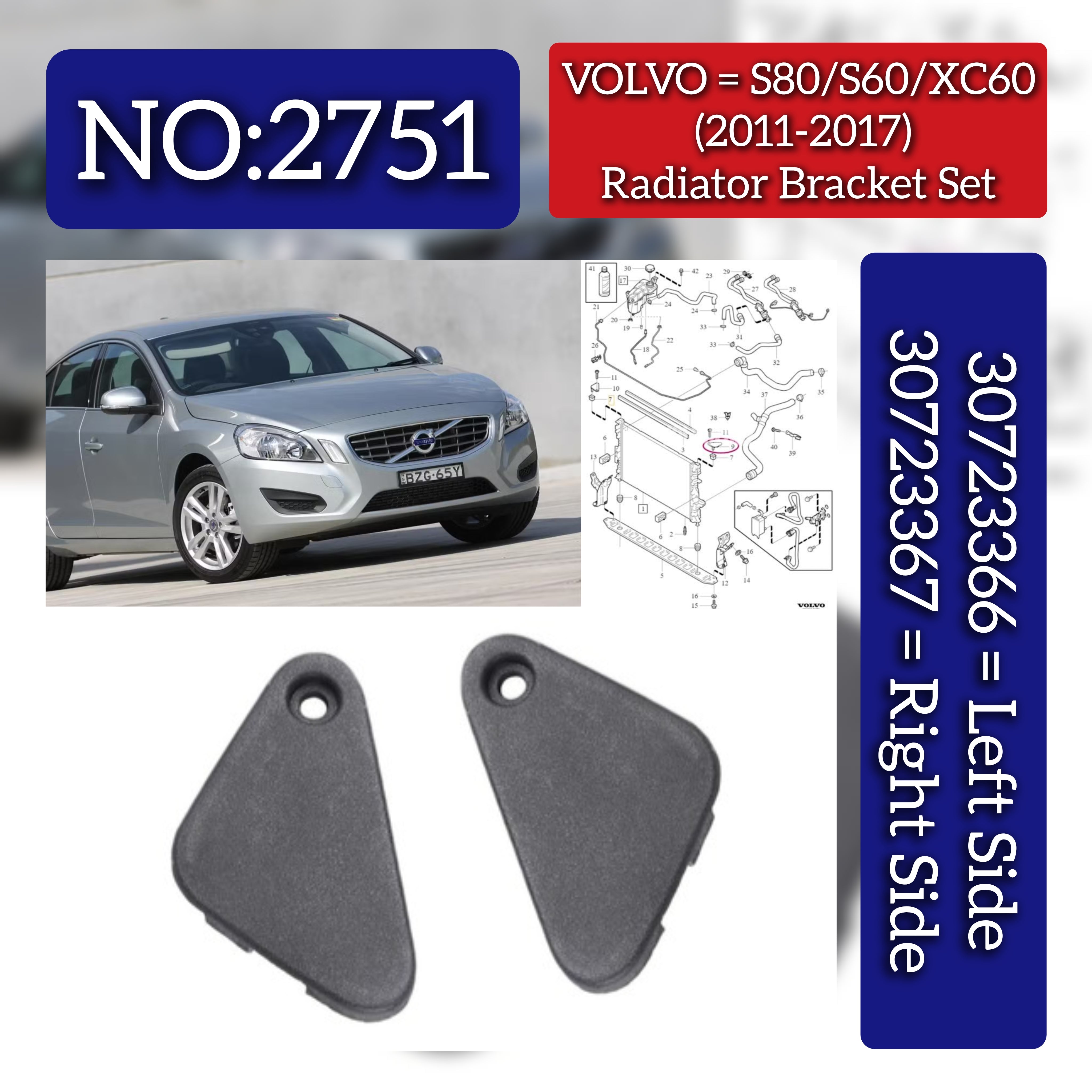 Radiator Bracket Left 30723366 & Right 30723367 Compatible With VOLVO S80/S60/XC60 (2011-2017) Tag No.2751