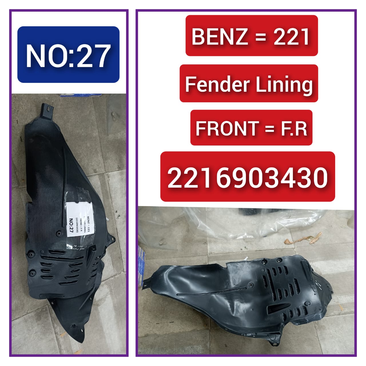 Front Right Fender Liner 2216903430 2216902830 Compatible With MERCEDES-BENZ S-CLASS W221 Tag-FEM-27