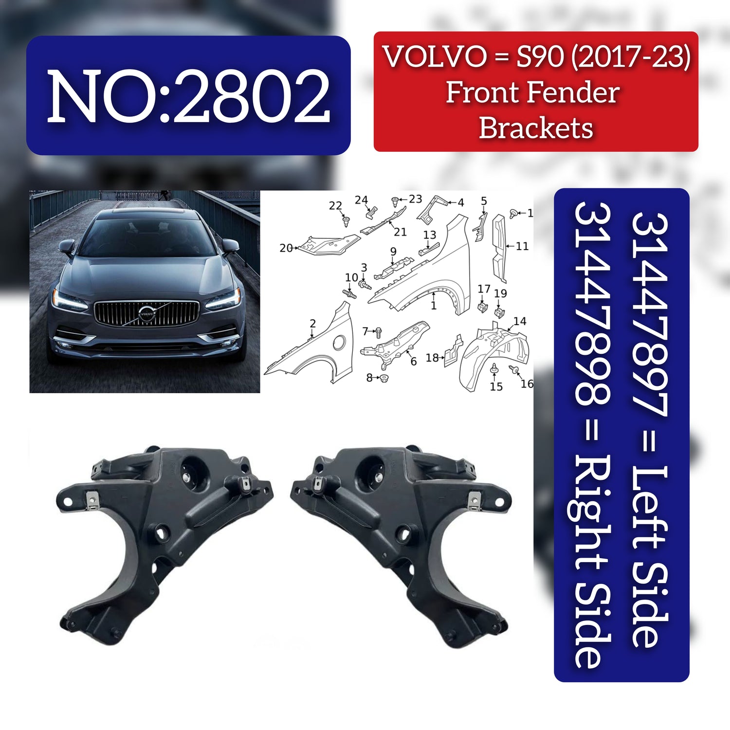 Front Bumper Bracket Left 31447897F & Right 31447898F Compatible With VOLVO S90 (2017-2022) Tag No.2802