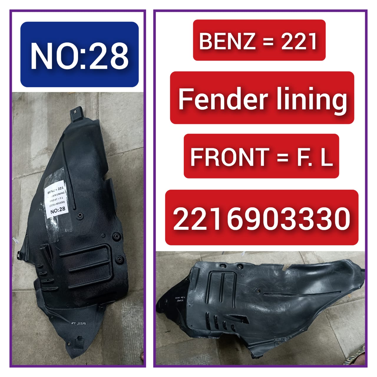 Front Left Fender Liner 2216903330  A2216903330 Compatible With MERCEDES-BENZ S-CLASS W221 Tag-FEM-28