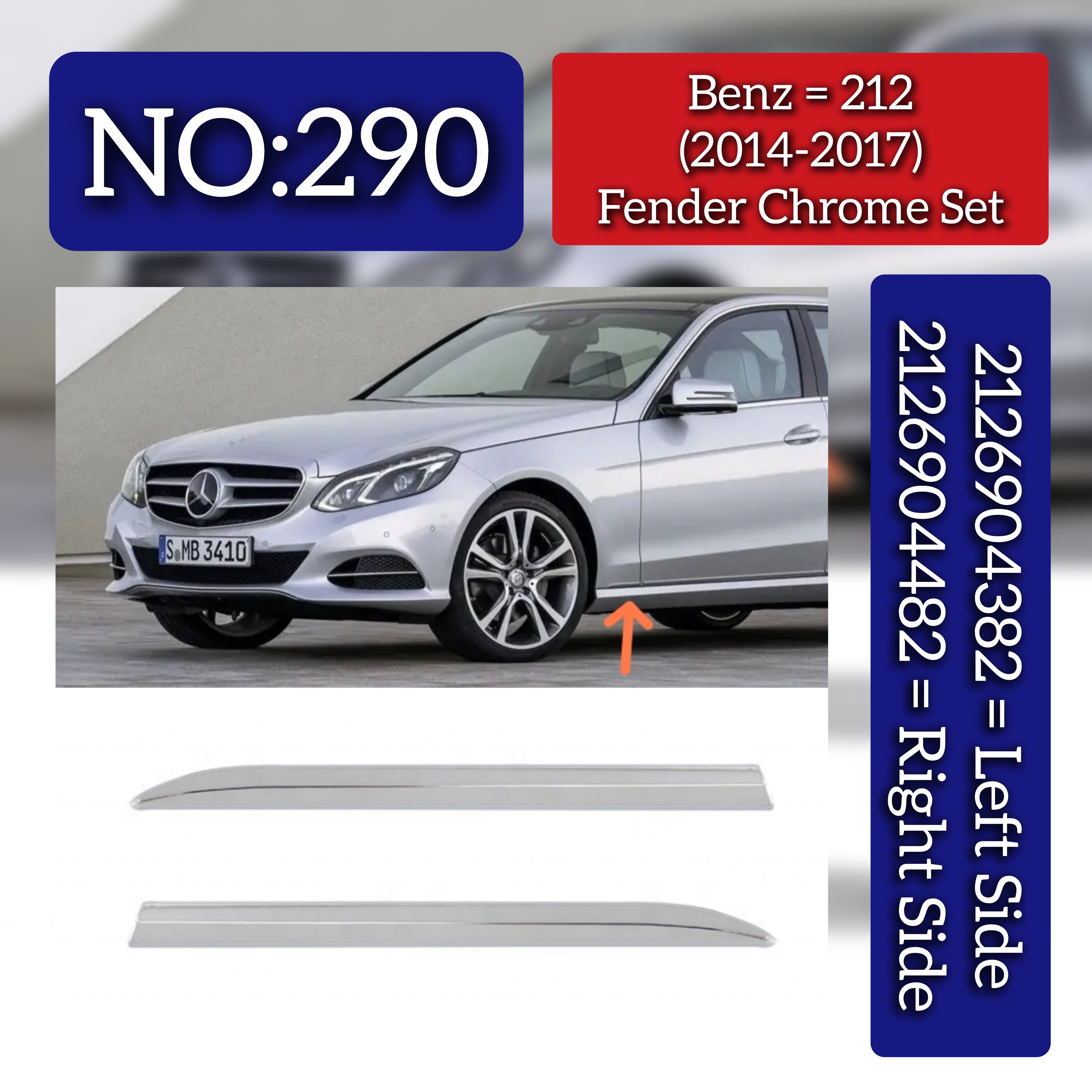 Fender Chrome Set Left 2126904382 & Right 2126904482 Comptible With Mercedes Benz (W212) E-Class (2014-2017) Tag No. 290