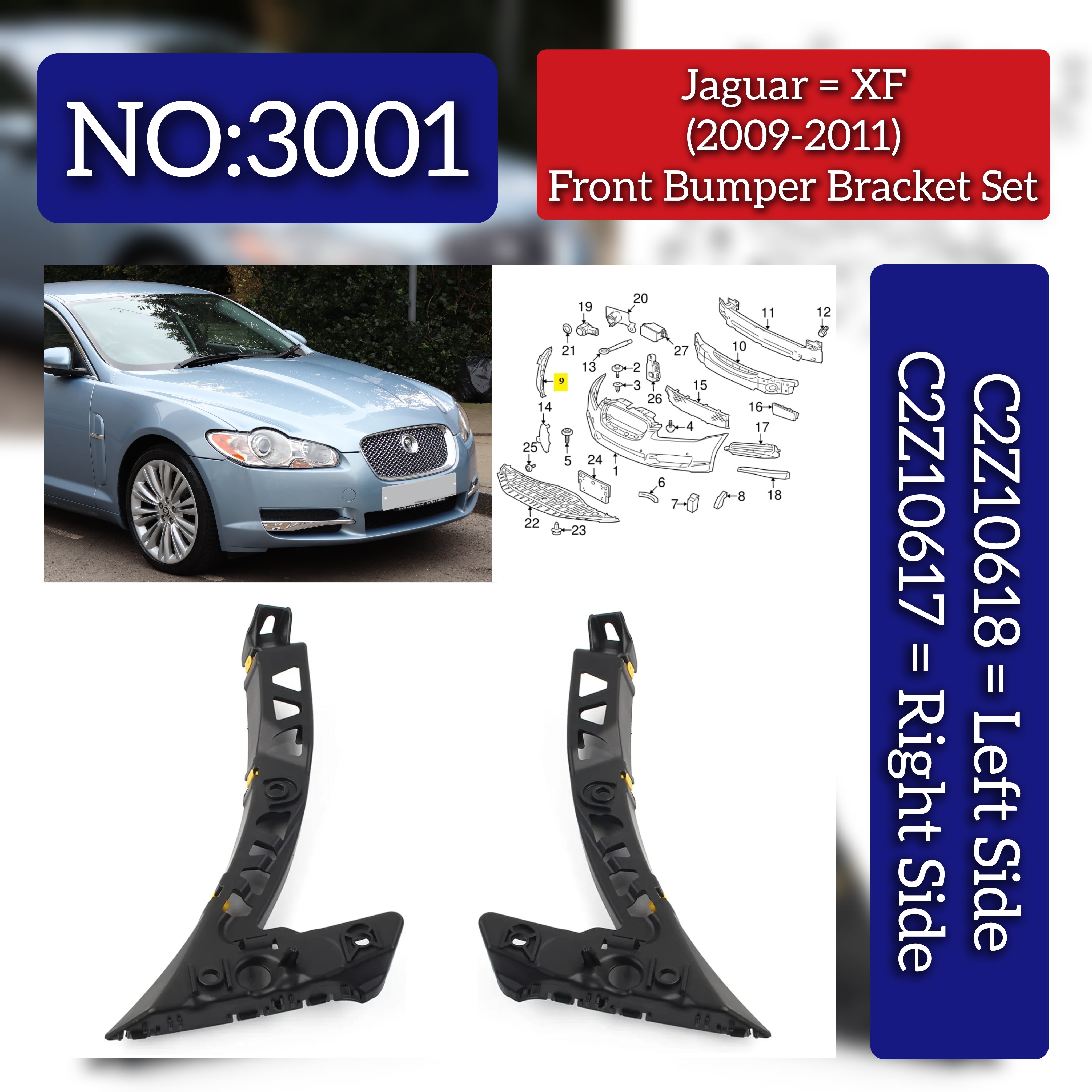Front Bumper Bracket Left C2Z10618 & Right C2Z10617 Compatible With Jaguar  XF I (X250)  XF II (X260) Tag No.3001