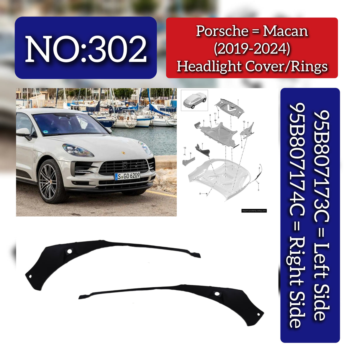 Headlight Ring Set Left 95B807173C 1E0 & Right 95B807174C 1E0 Compatible With Porsche Macan (2018-2021) Tag No.302