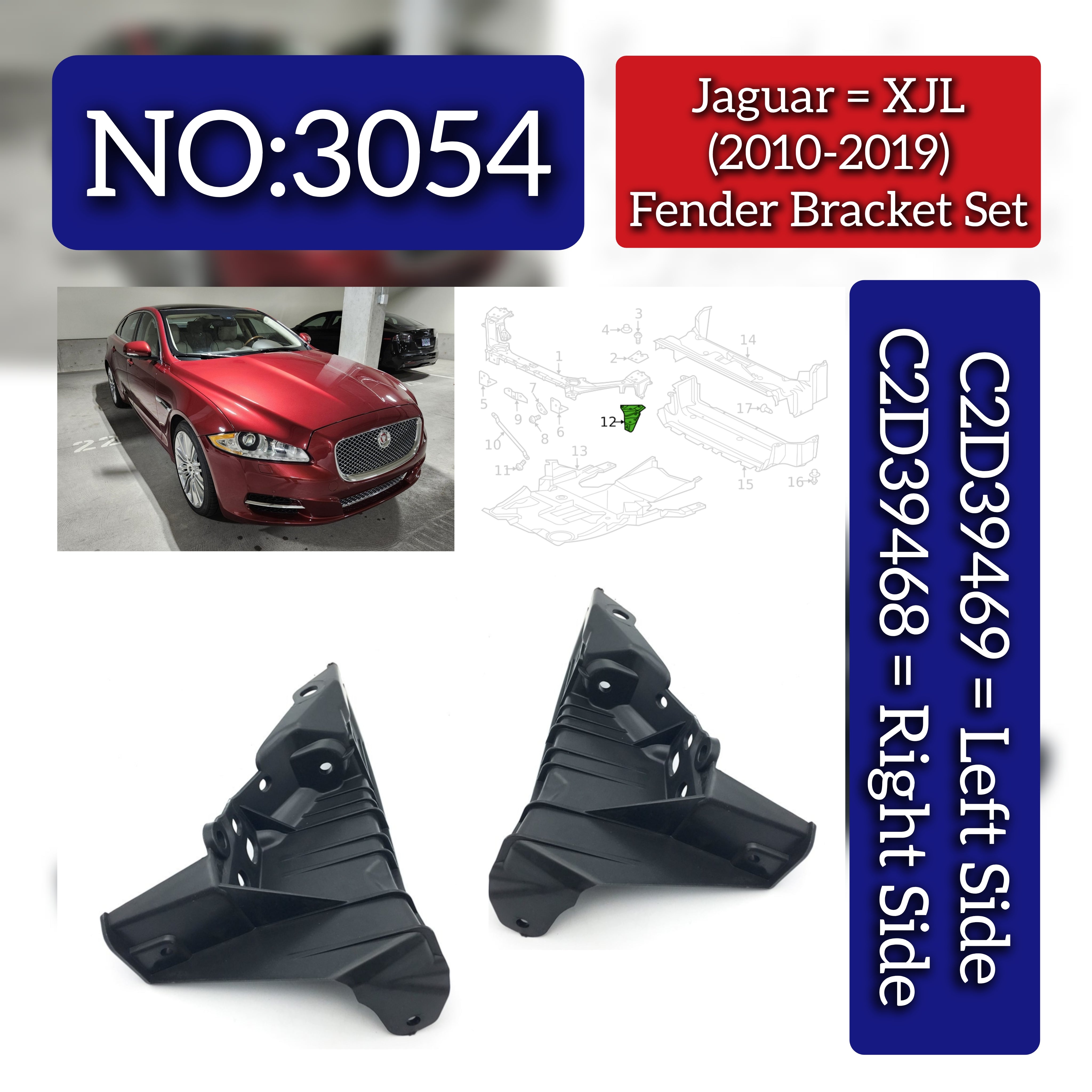 Fender Bracket Left C2D39469 & Right C2D39468 Compatible With Jaguar XJL (2010-2019) Tag No.3054