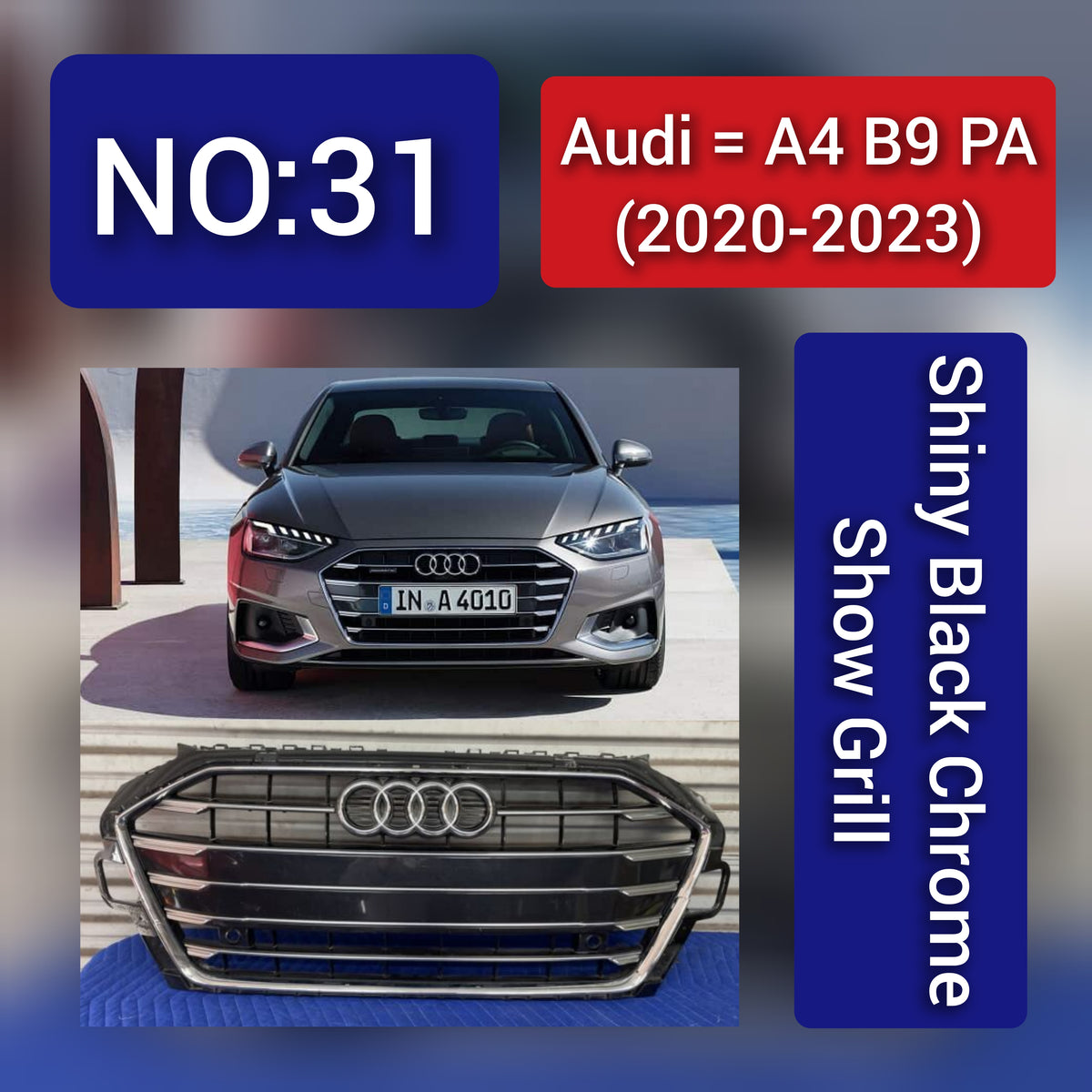 Show Gril Compatible With  Audi A4 B9 Facelift(2020-23) Shiny Black Chrome Tag 31