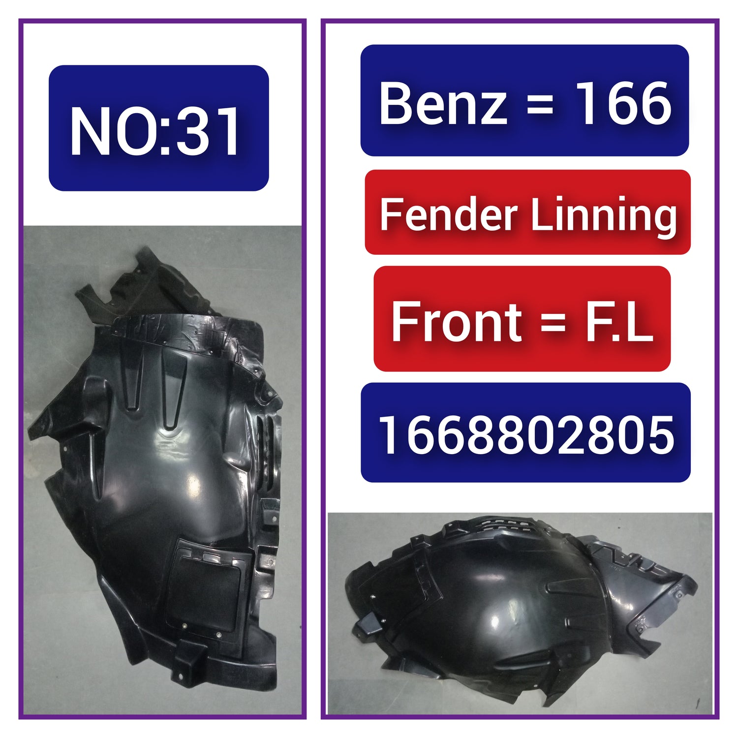 Front Left Fender Liner 1668802805 1668800505 A1668802805 Compatible With MERCEDES-BENZ GLE W166 Tag-FEM-31