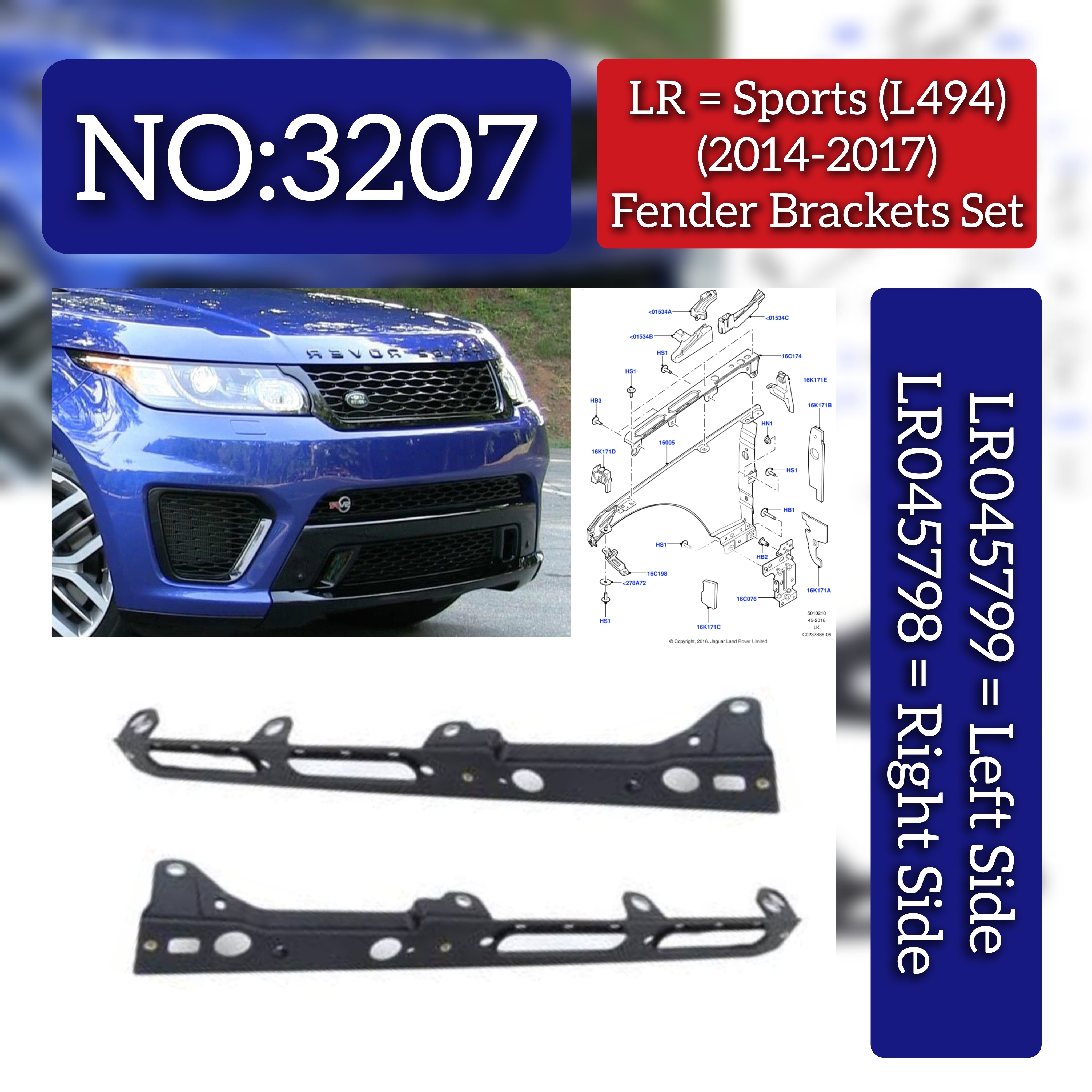 Fender Brackets Set  Right LR045798 & Left LR045799 Compatible With Land Rover Range Rover Sport - L494 (2014-2017) Tag No.3207